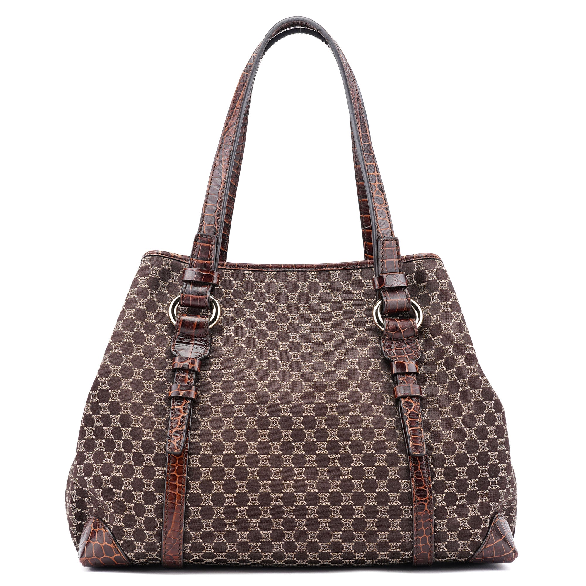 Celine Brown Triomphe CC Croc Embossed Tote Bag