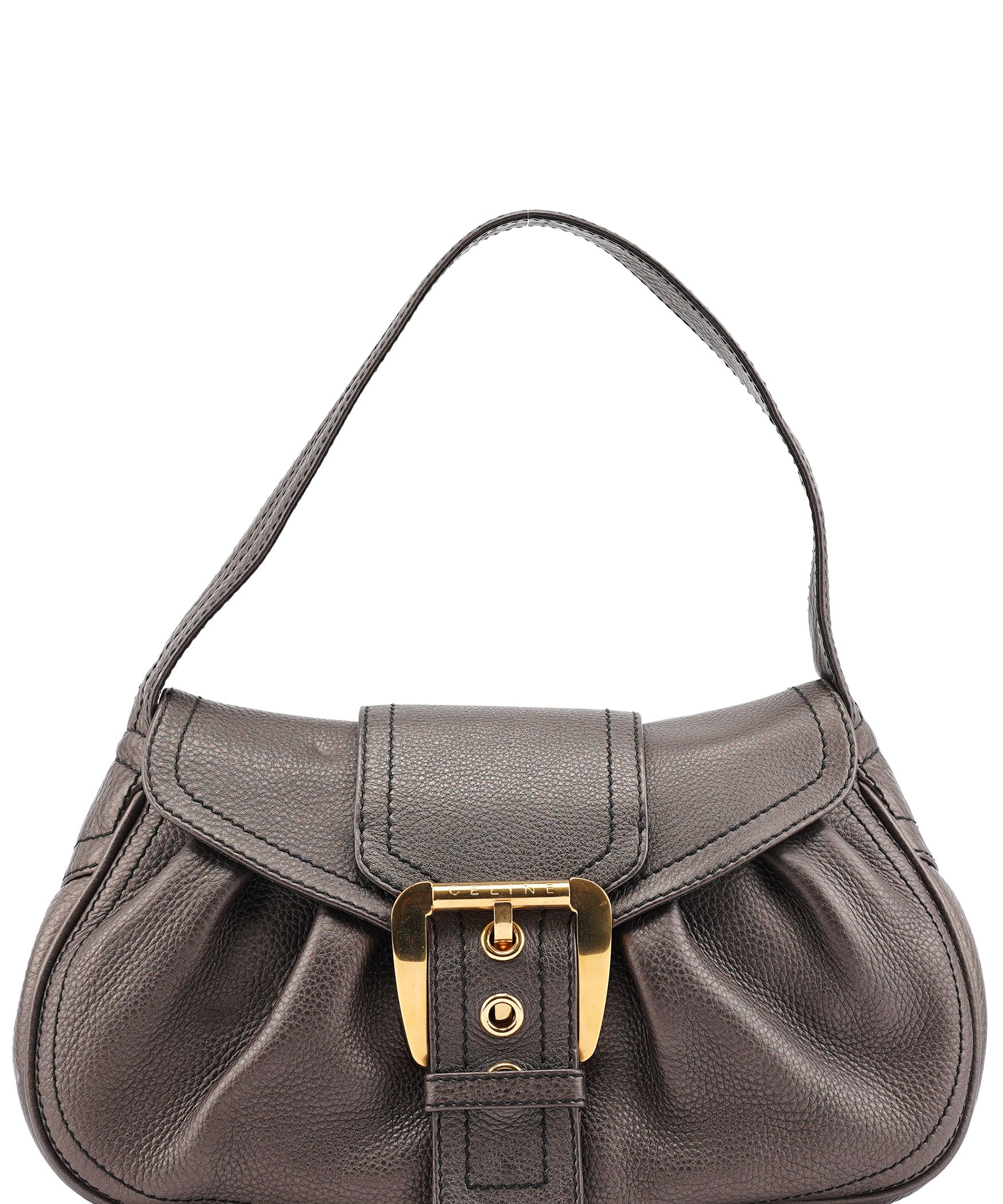 Celine Sac porté épaule à boucle en cuir métallisé marron