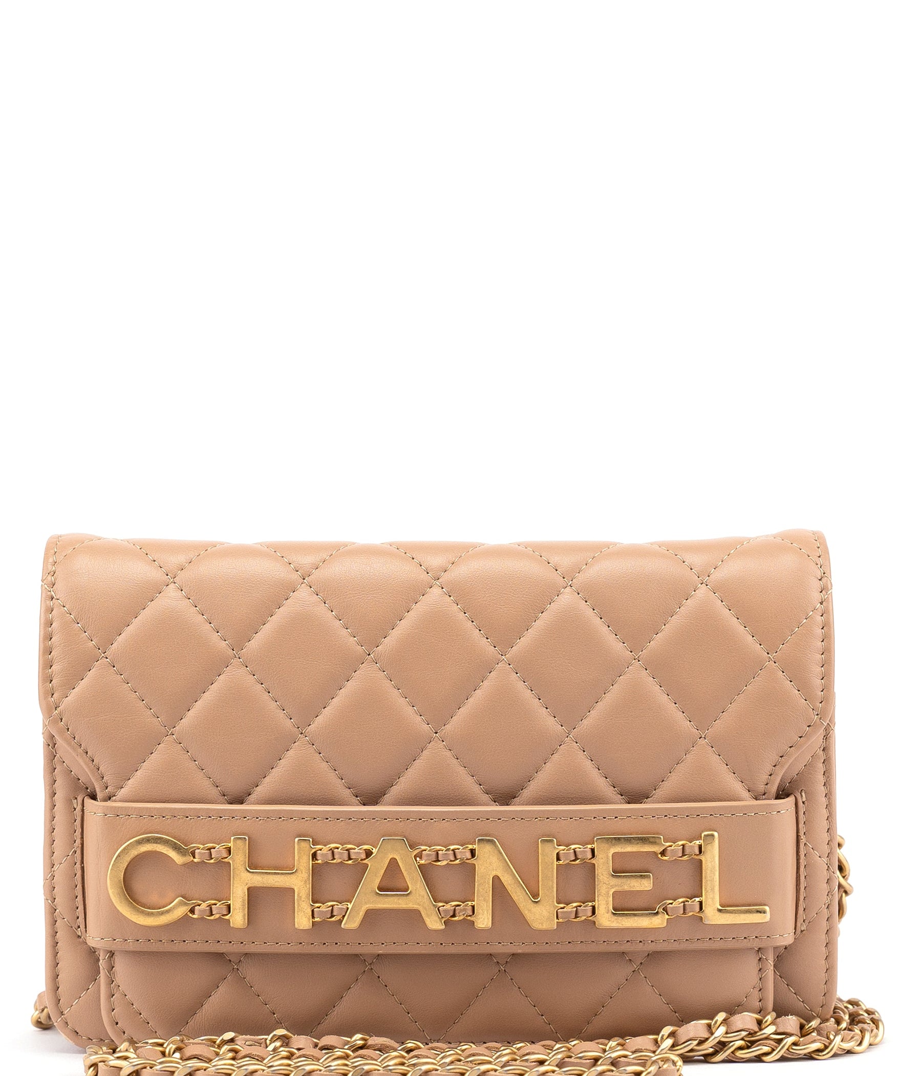 Chanel Beige Lambskin Matelassé Chain Logo Bag