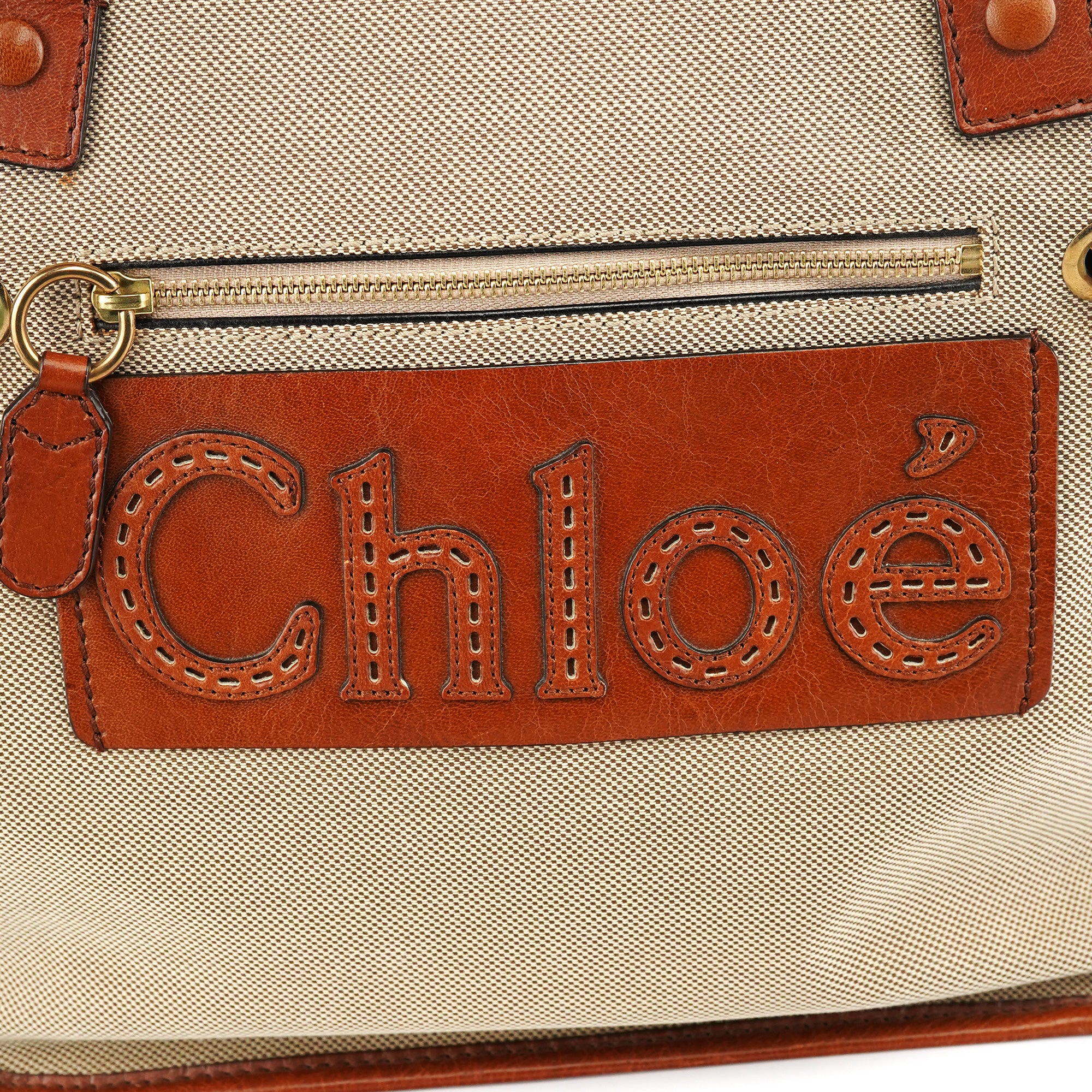 Chloe Beige Brown Canvas Leather Tote Bag