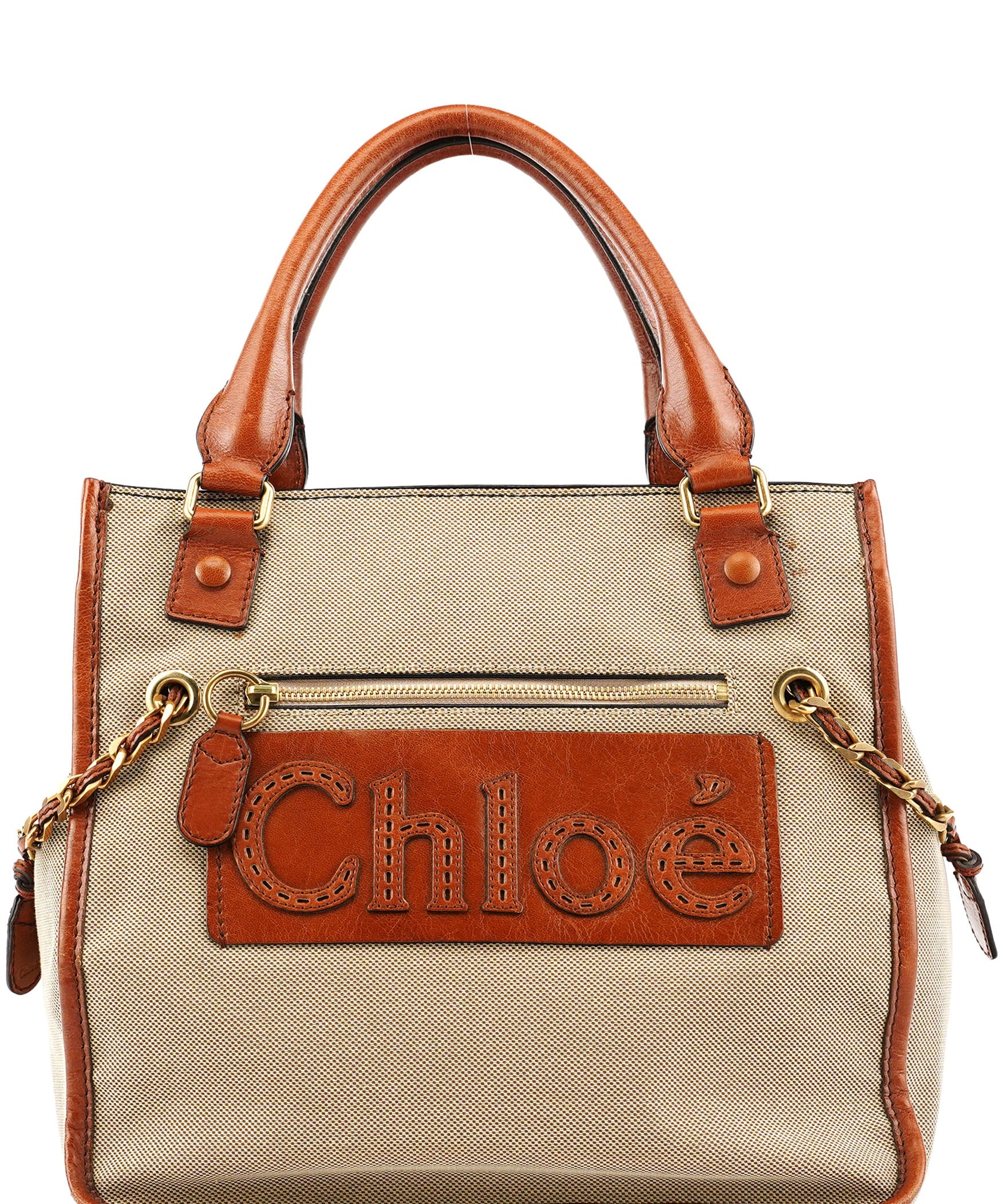 Chloe Beige Brown Canvas Leather Tote Bag