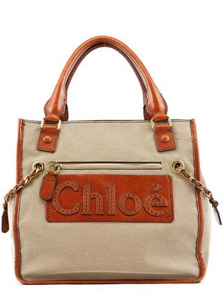 Chloe Beige Brown Canvas Leather Tote Bag