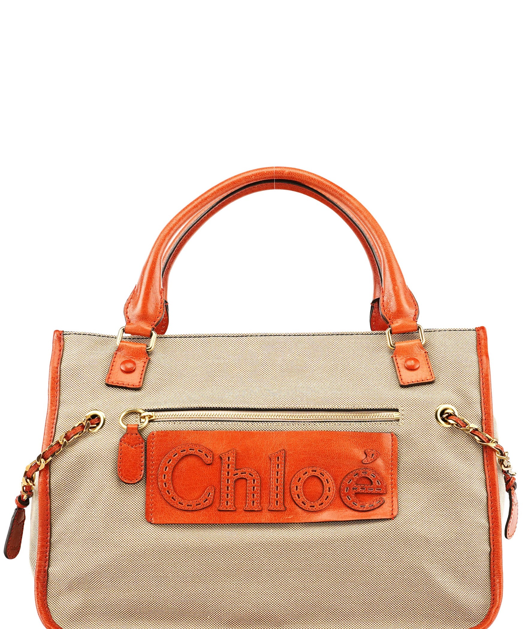 Chloe Beige Brown Canvas Leather Tote Bag