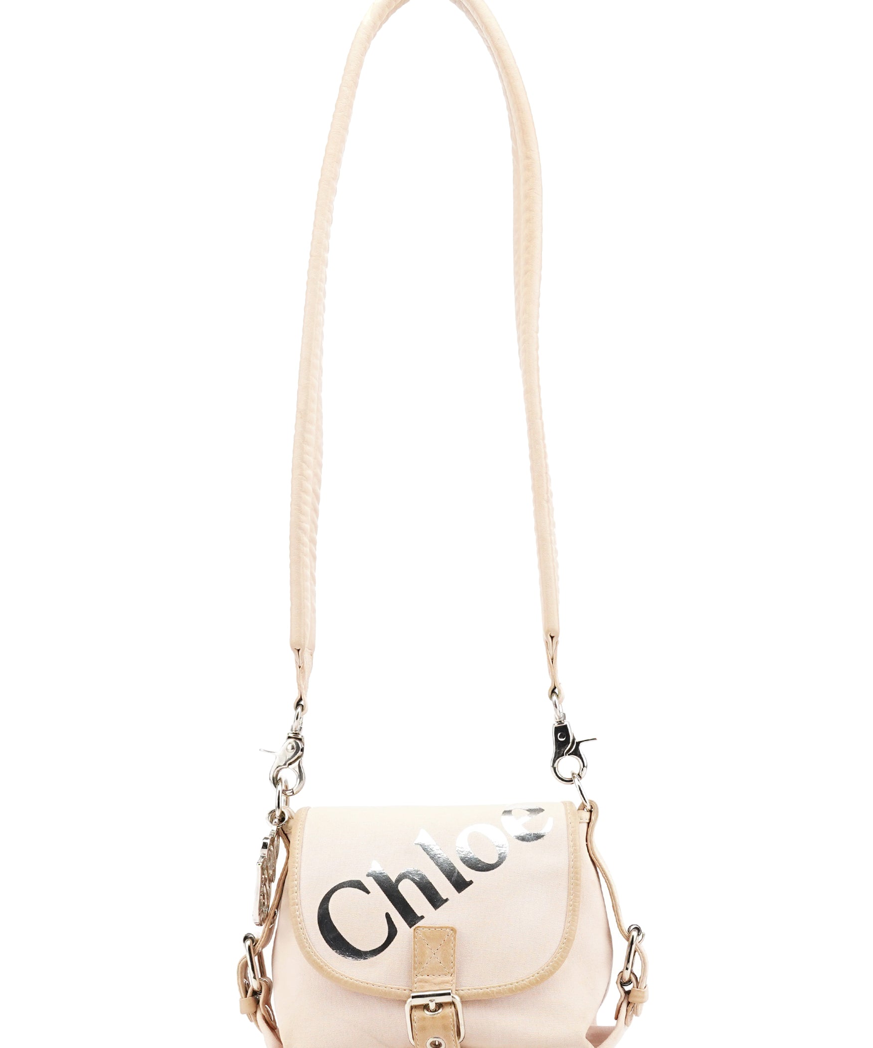 Chloe Beige Canvas Logo Flap Shoulder Bag