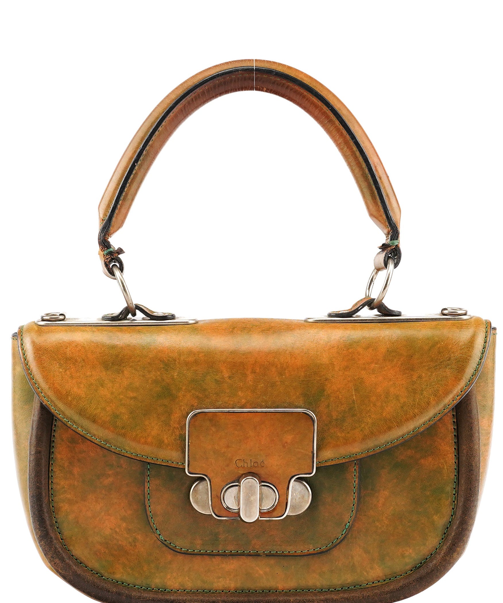 Chloe Beige Green Turnlock Top Handle Bag