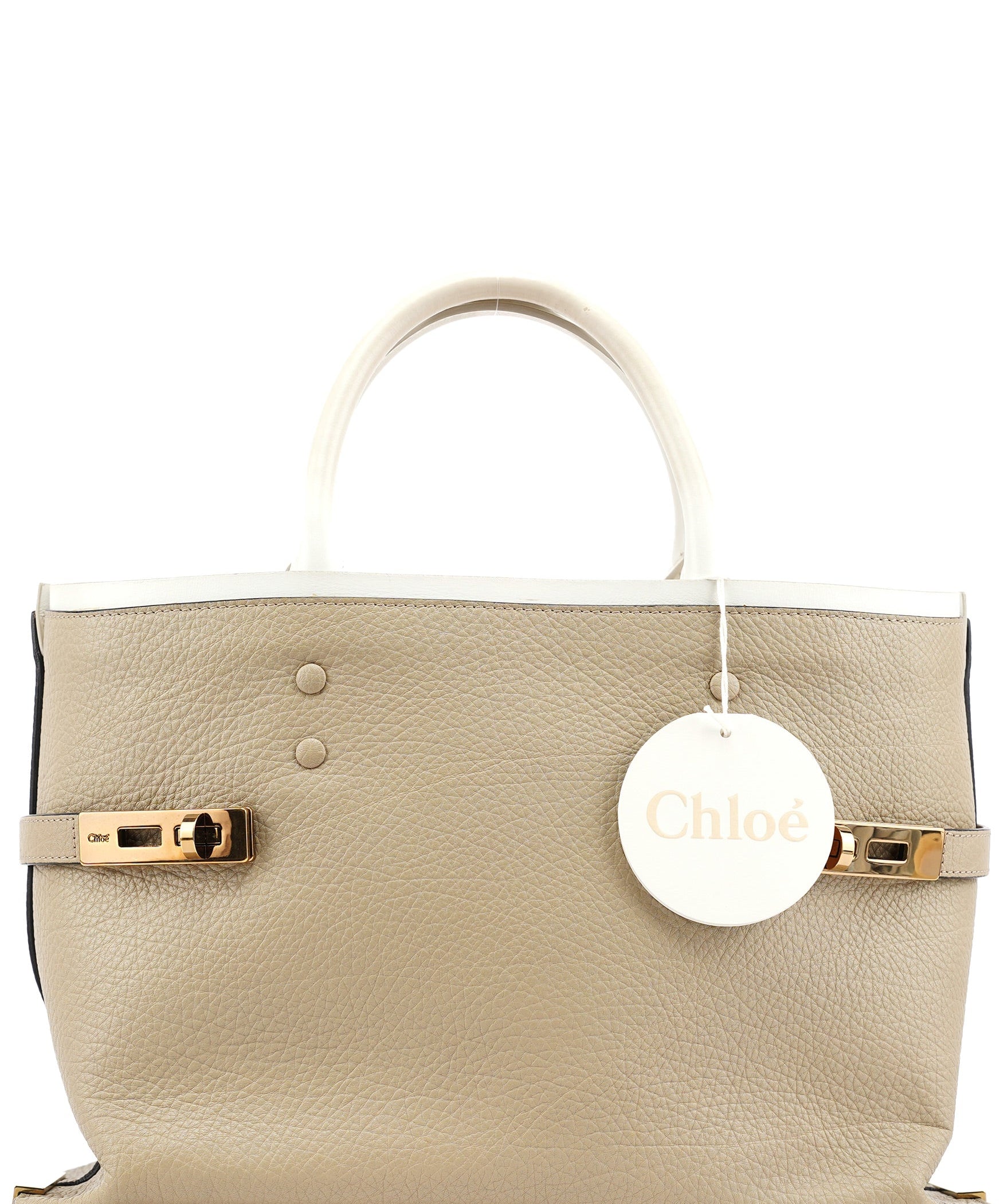 Chloe Beige White Leather Turnlock Tote Bag