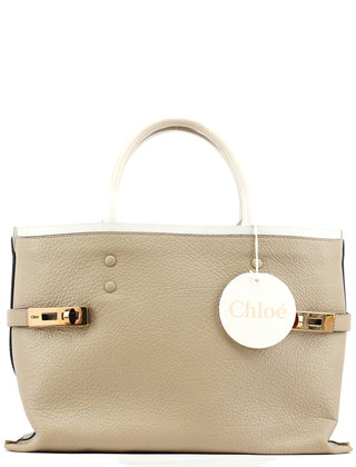 Chloe Beige White Leather Turnlock Tote Bag