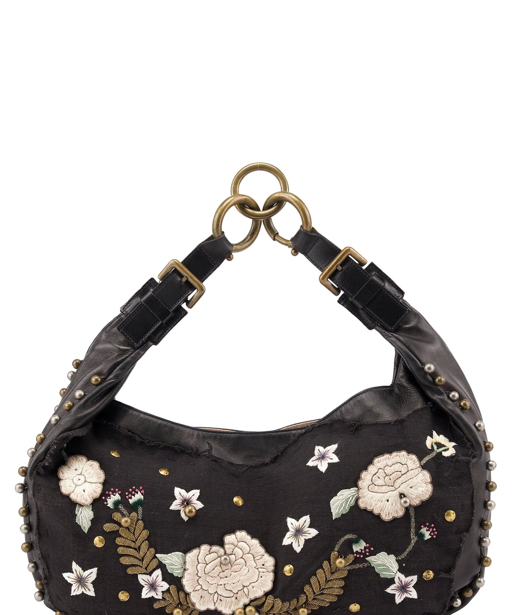 Chloé Black Leather Canvas Embellished Hobo Bag