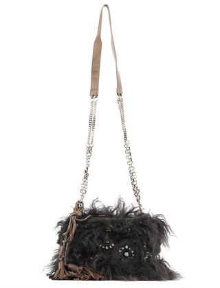 Chloe Black Shearling Embellished Chain Shoulder Bag