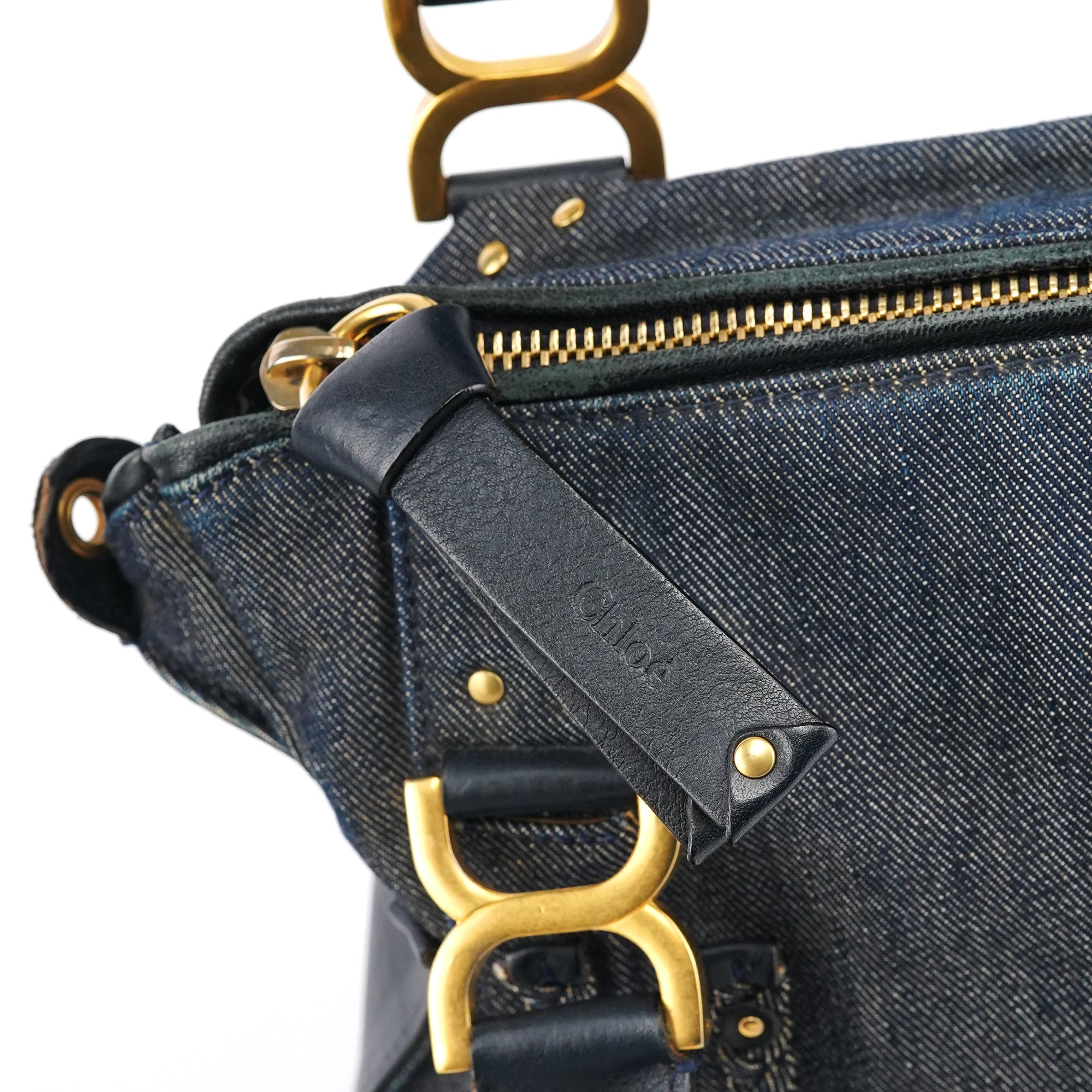 Chloé Marcie 2-Way Tasche aus blauem Denim mit Lederbesatz