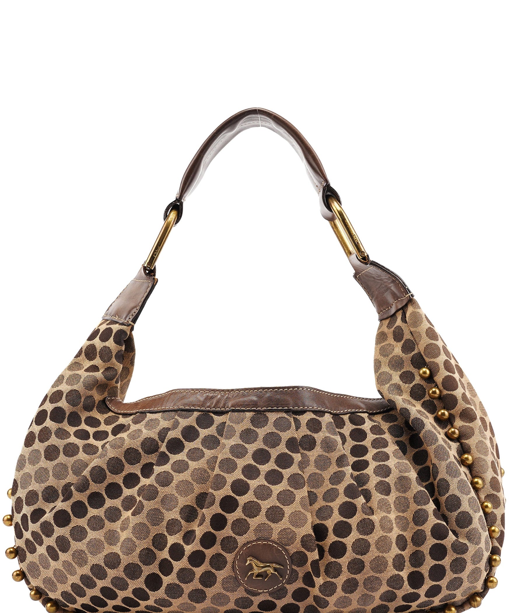 Chloe Brown Canvas Polkadot Hobo Shoulder Bag