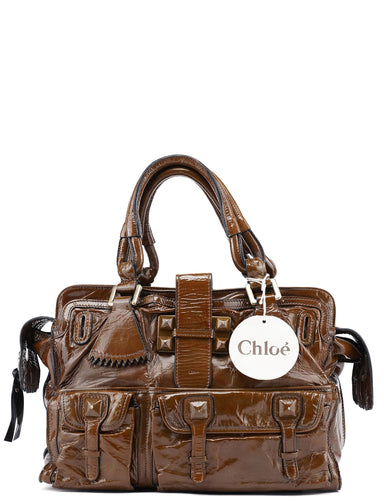 Chloé Brown Patent Leather Pocket Tote Bag