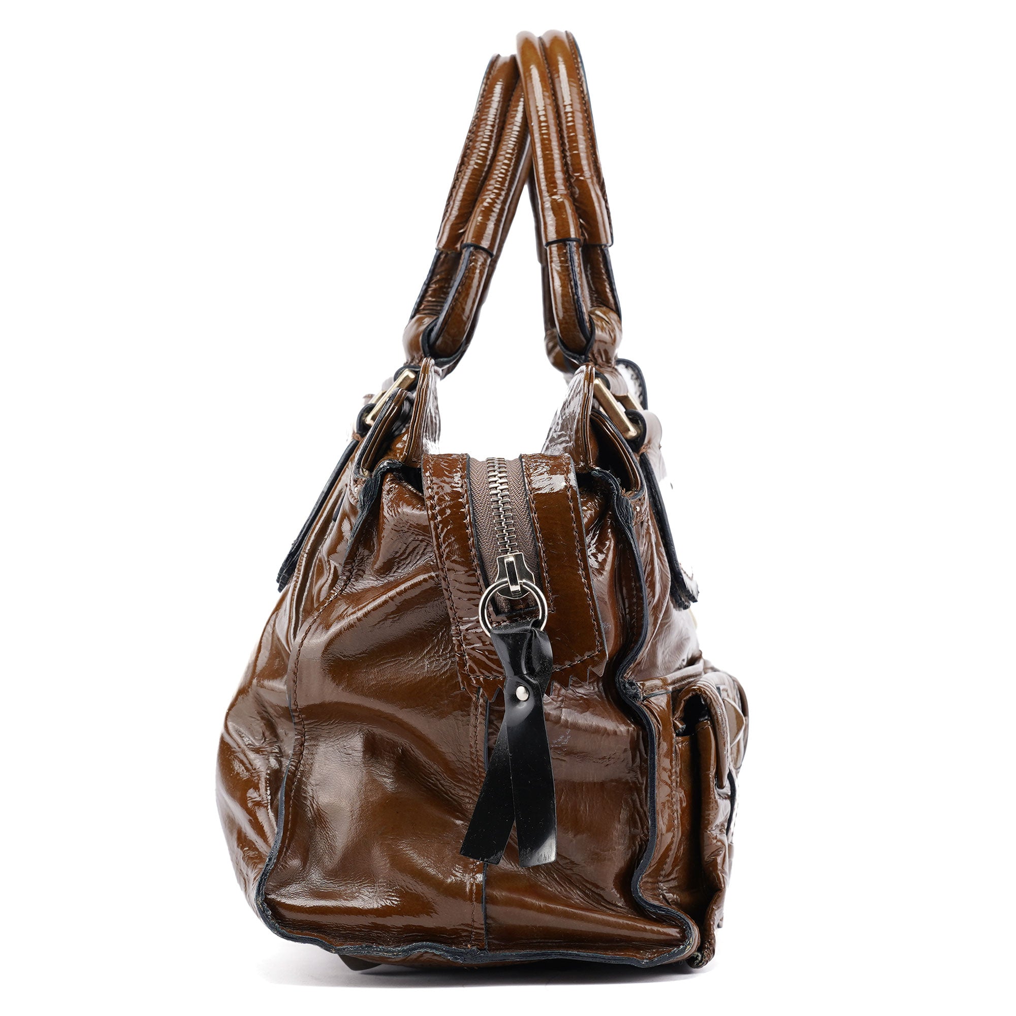 Chloé Brown Patent Leather Pocket Tote Bag