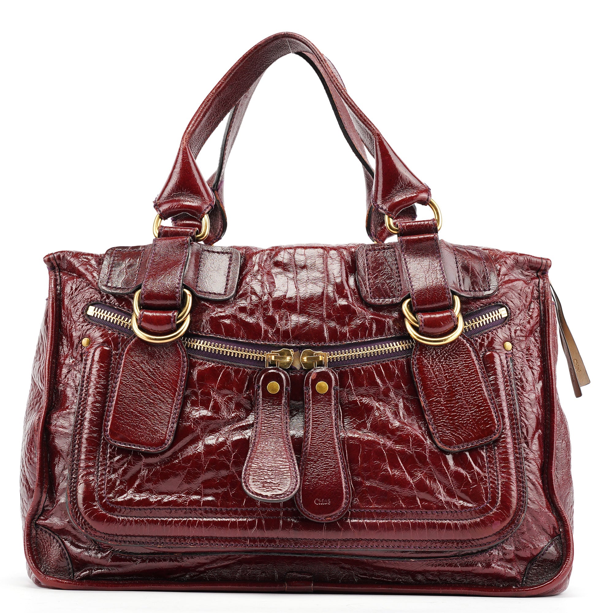 Chloe Burgundy Patent Leather Bay Tote Bag