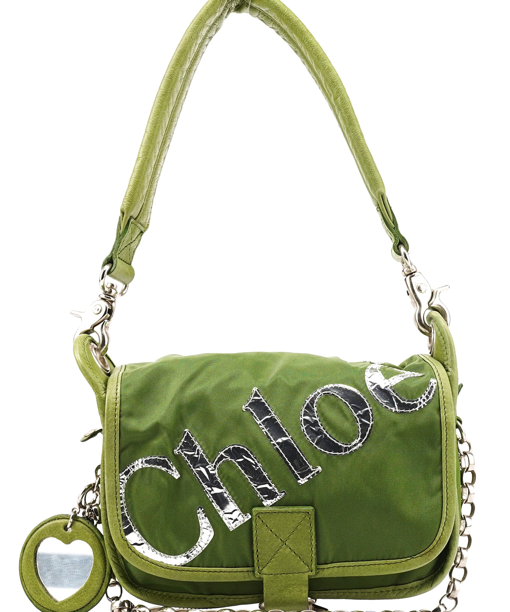 Chloe Green Nylon Logo Flap Shoulder Bag
