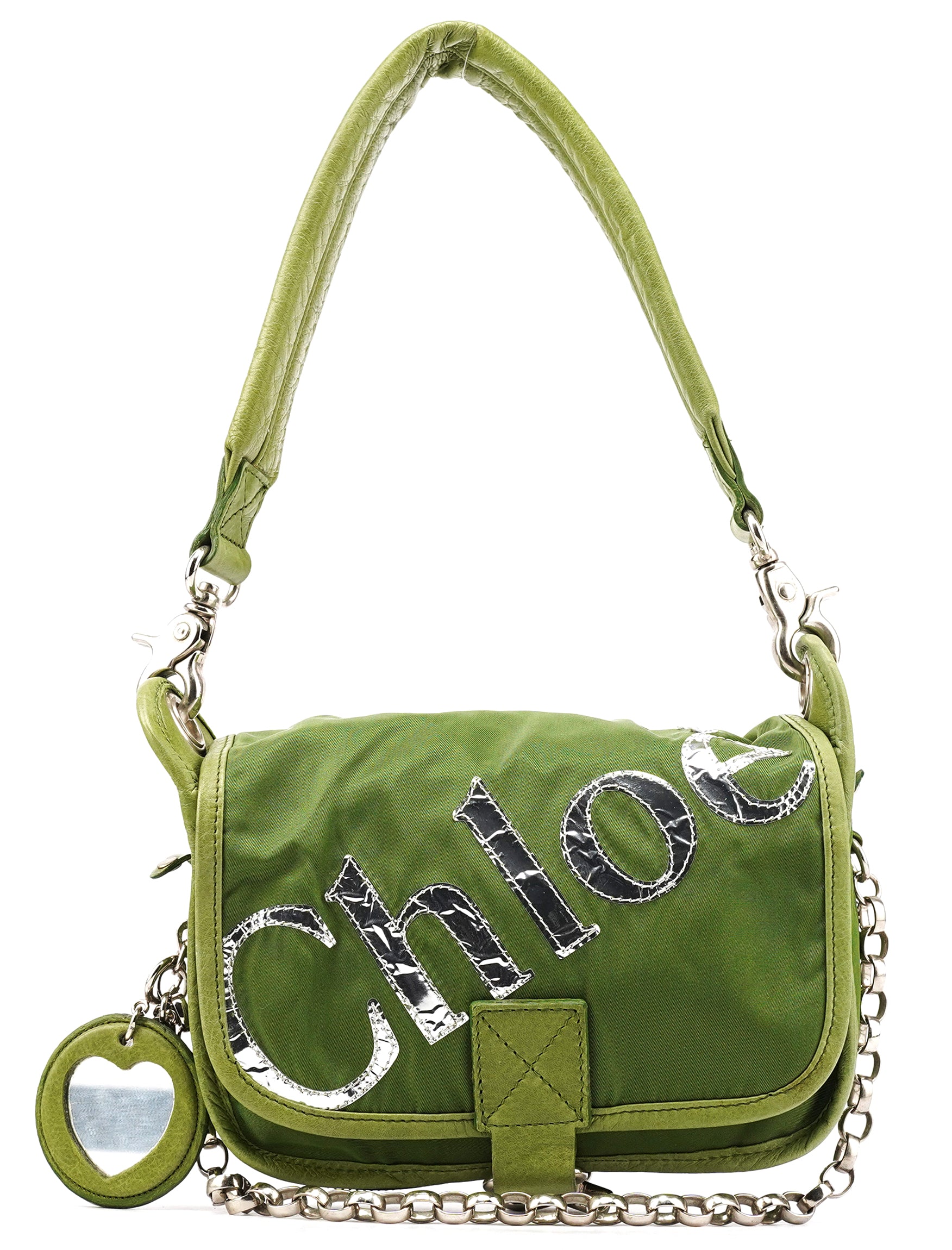 Chloe Green Nylon Logo Flap Shoulder Bag
