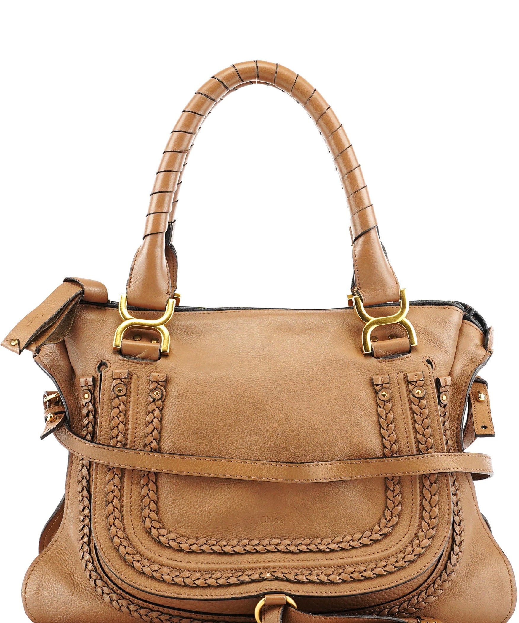 Chloe Light Brown Leather Marcie Intrecciato Shoulder Bag