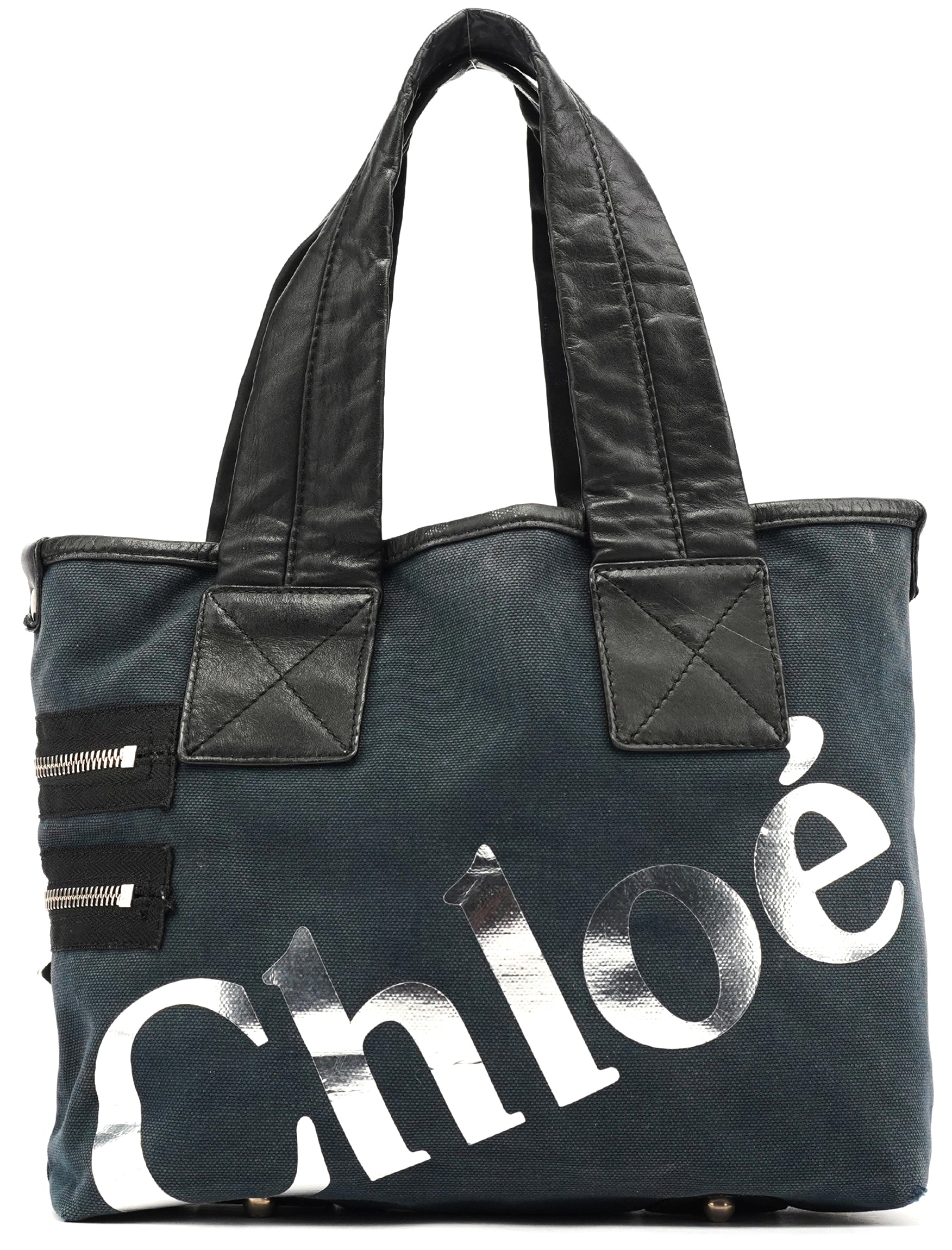 Chloé Navy Canvas Silver Logo Tote Bag