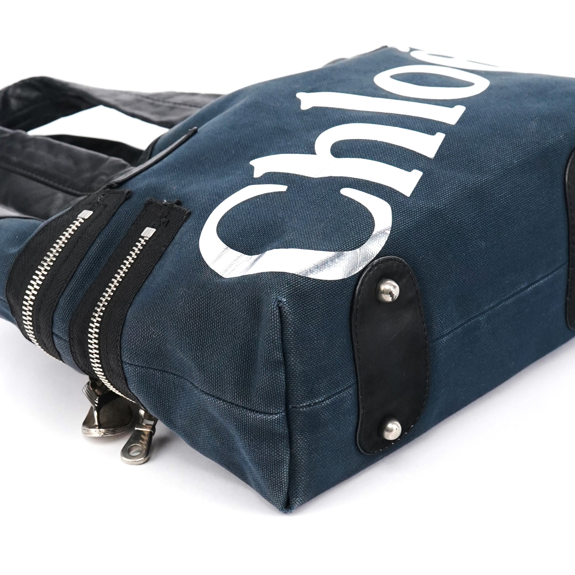 Chloé Navy Canvas Silver Logo Tote Bag