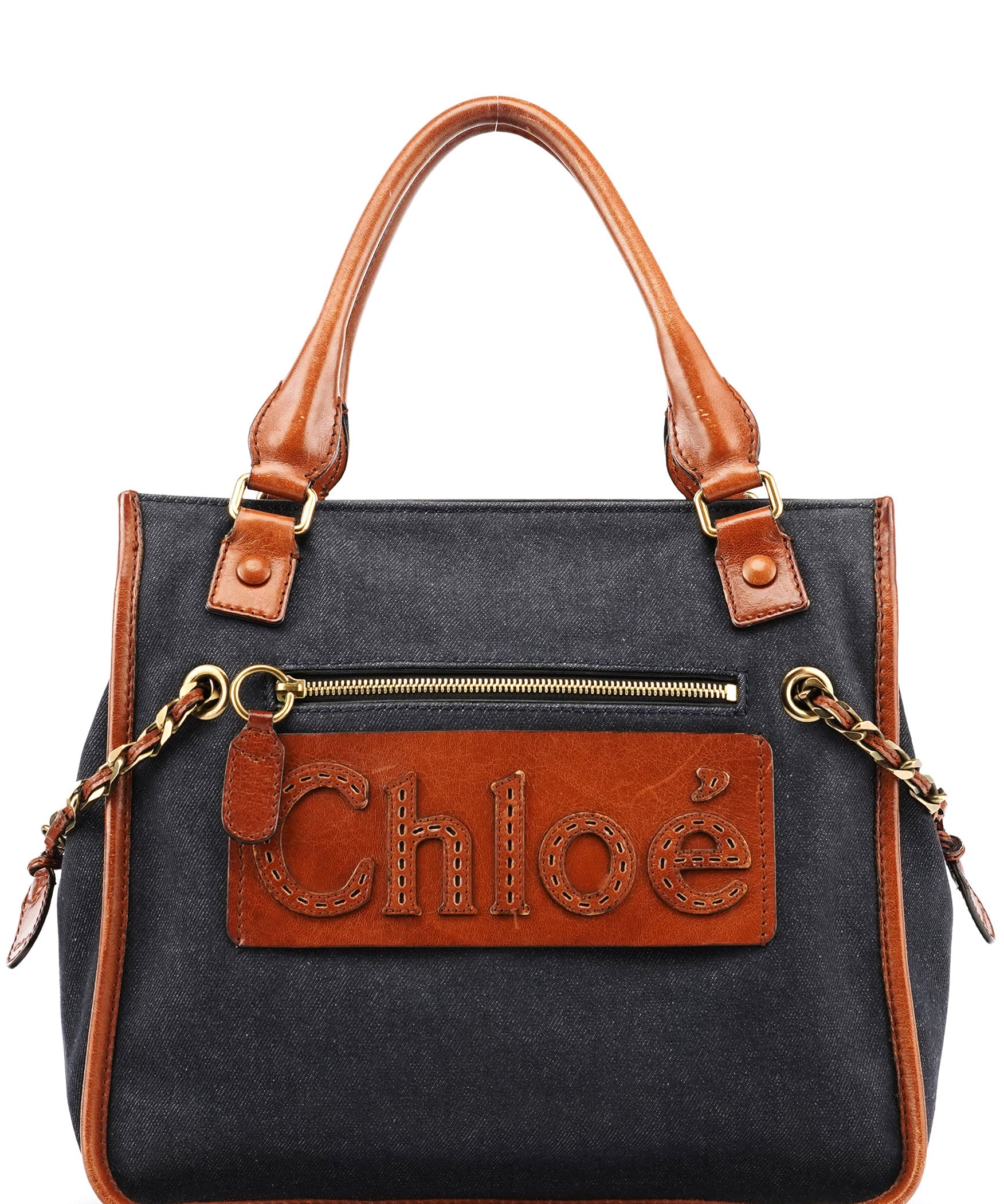 Chloe Navy Denim Logo Tote Bag