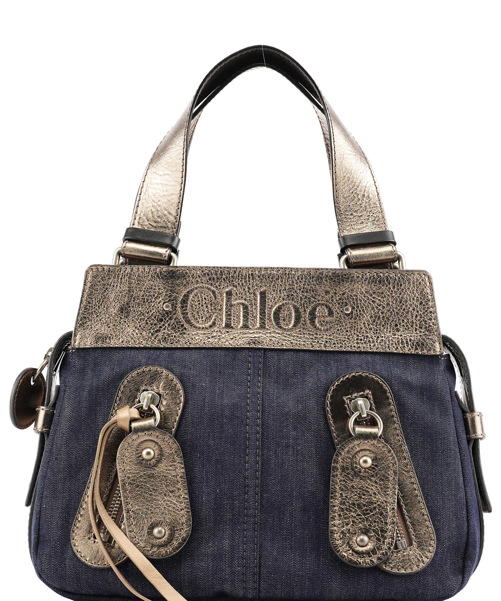 Chloé Navy Denim Silver Leather Logo Tote Bag