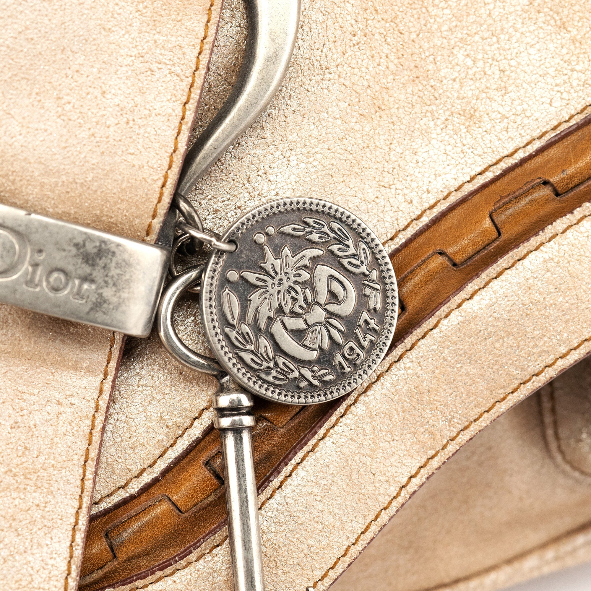 Christian Dior 2005 Beige Crackled Leather Gaucho Saddle Bag