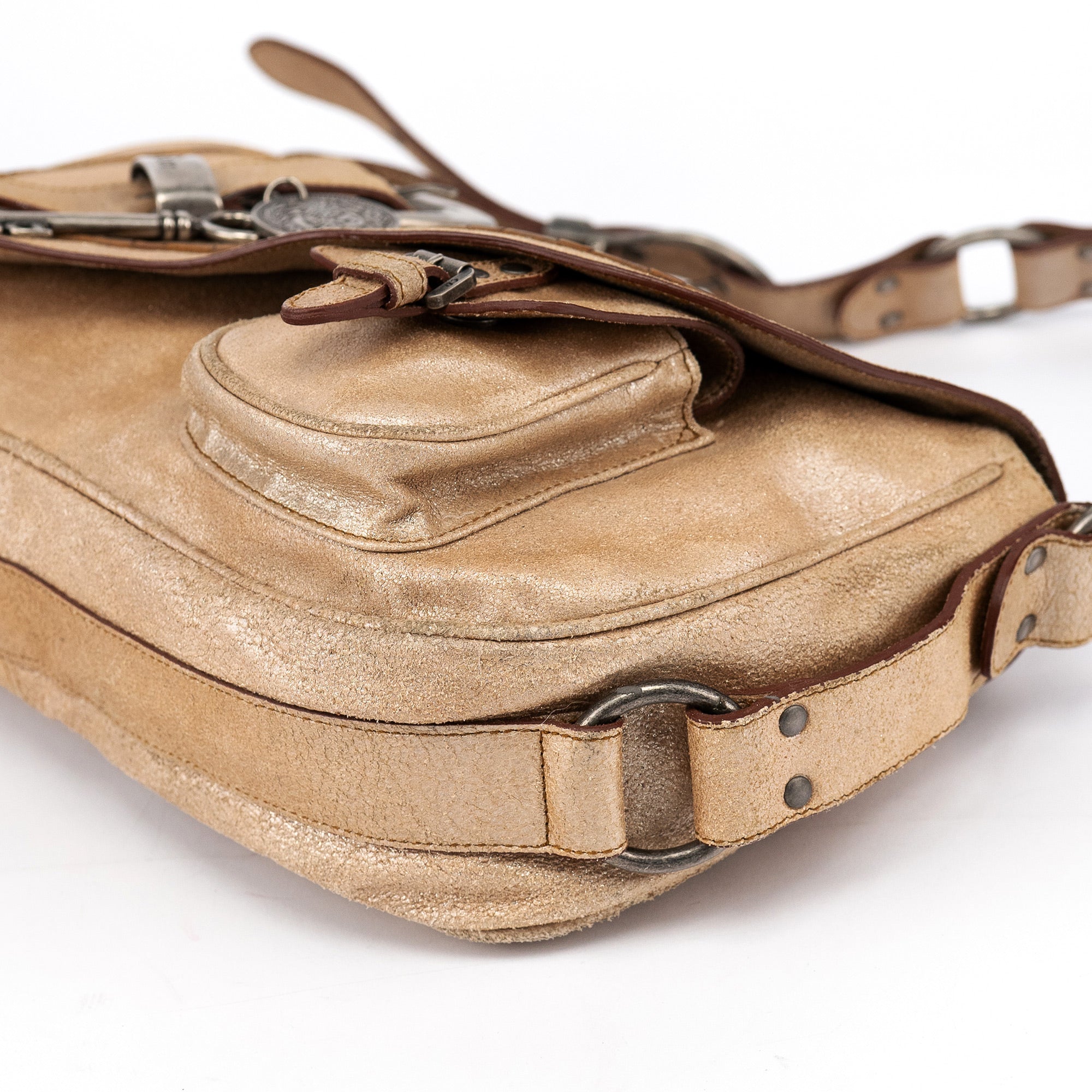 Christian Dior 2005 Beige Crackled Leather Gaucho Saddle Bag