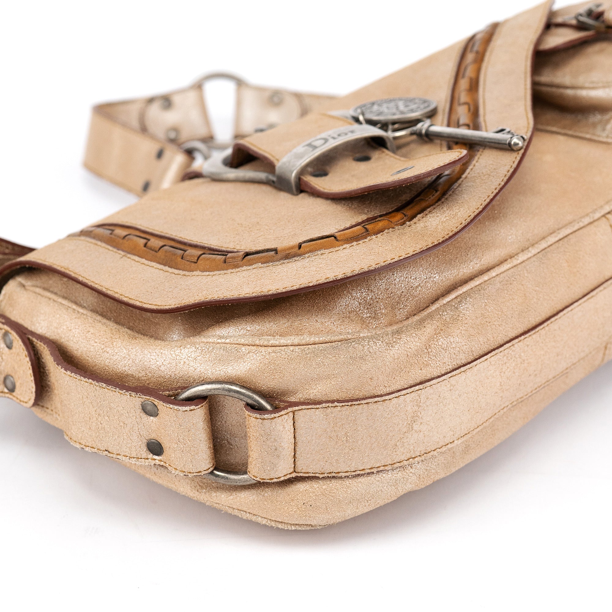 Christian Dior 2005 Beige Crackled Leather Gaucho Saddle Bag