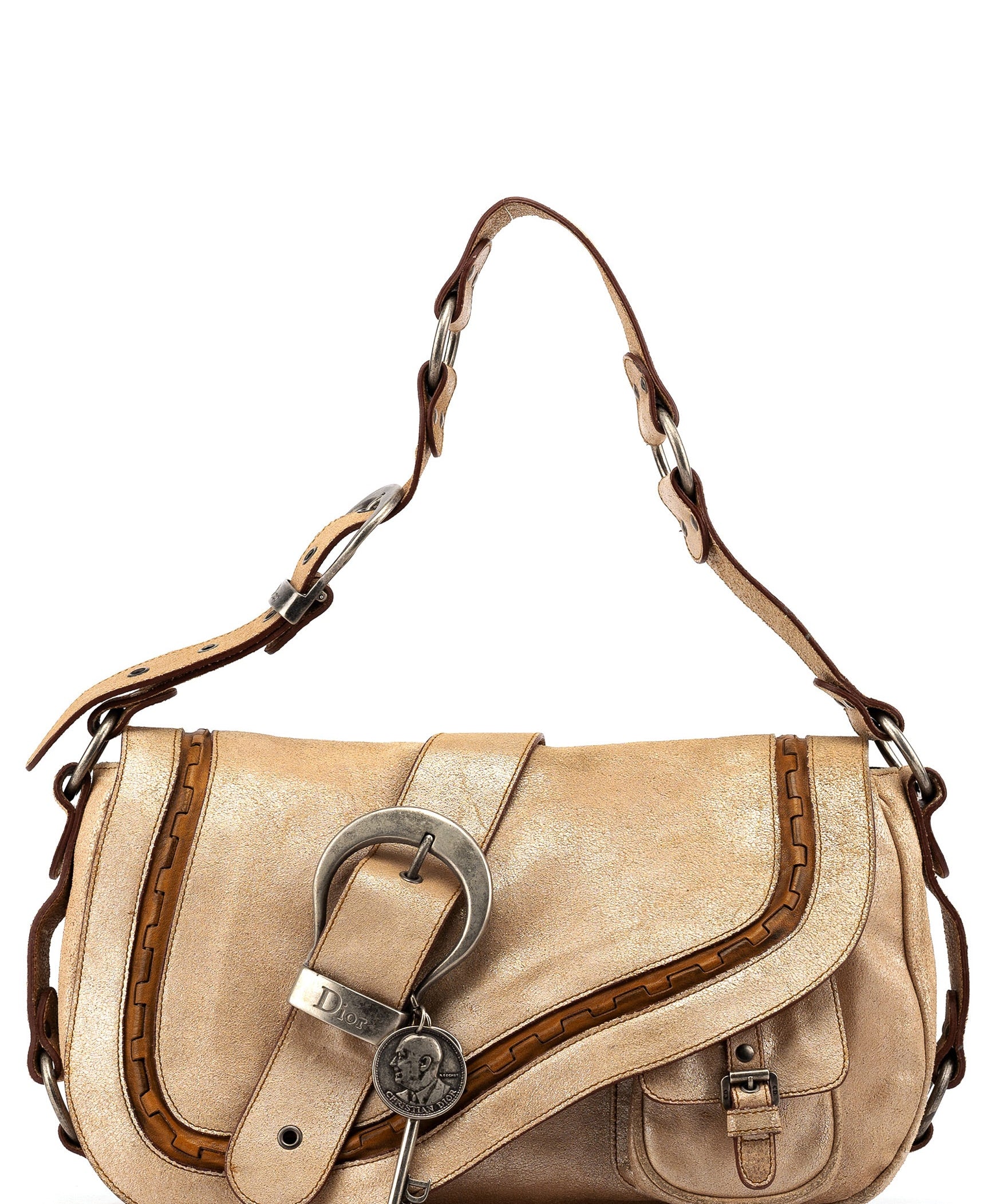 Christian Dior 2005 Beige Crackled Leather Gaucho Saddle Bag