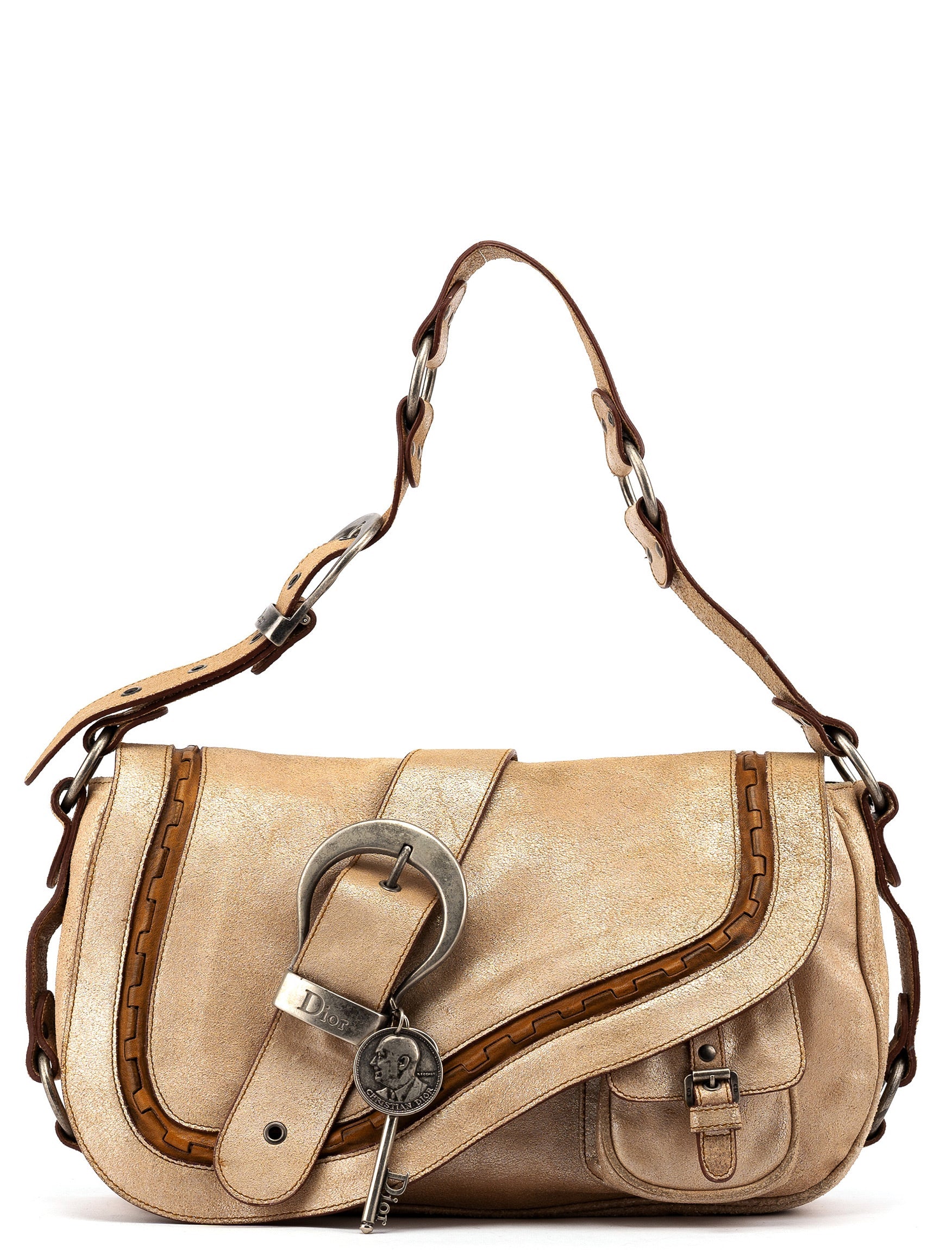 Christian Dior 2005 Beige Crackled Leather Gaucho Saddle Bag