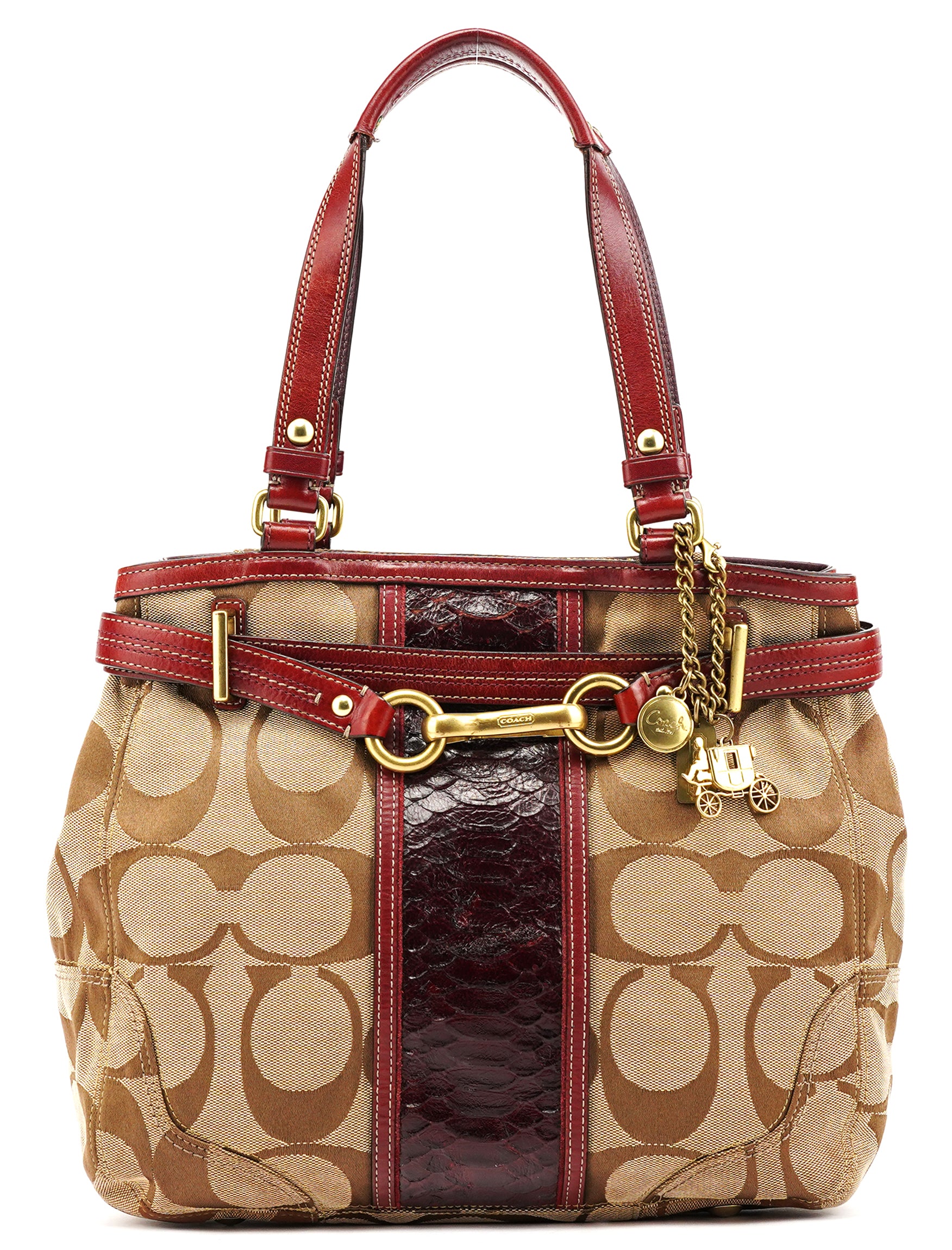 Coach 12466 Beige Burgundy Python Hamptons Tote Bag