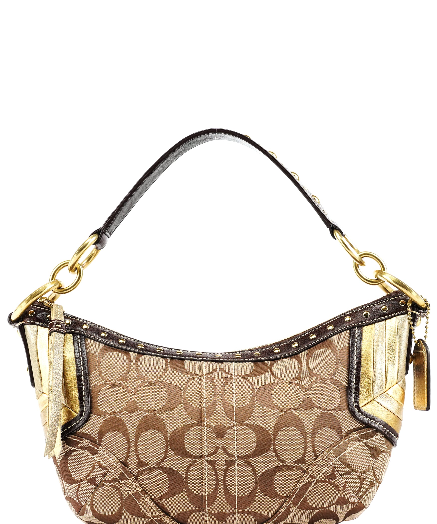Coach 6424 Beige Brown Signature Studded Hobo Shoulder Bag