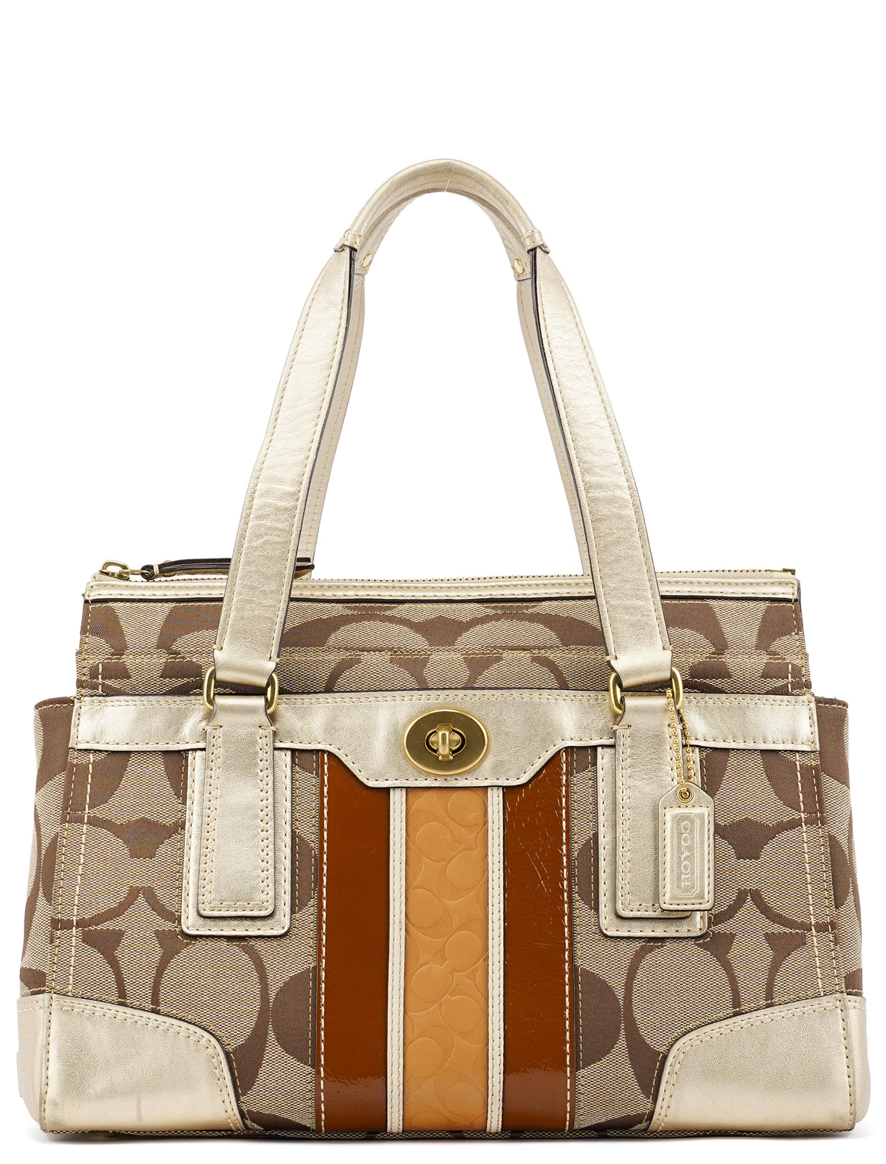 Coach F11620 Beige Gold Signature Turnlock Tote Bag