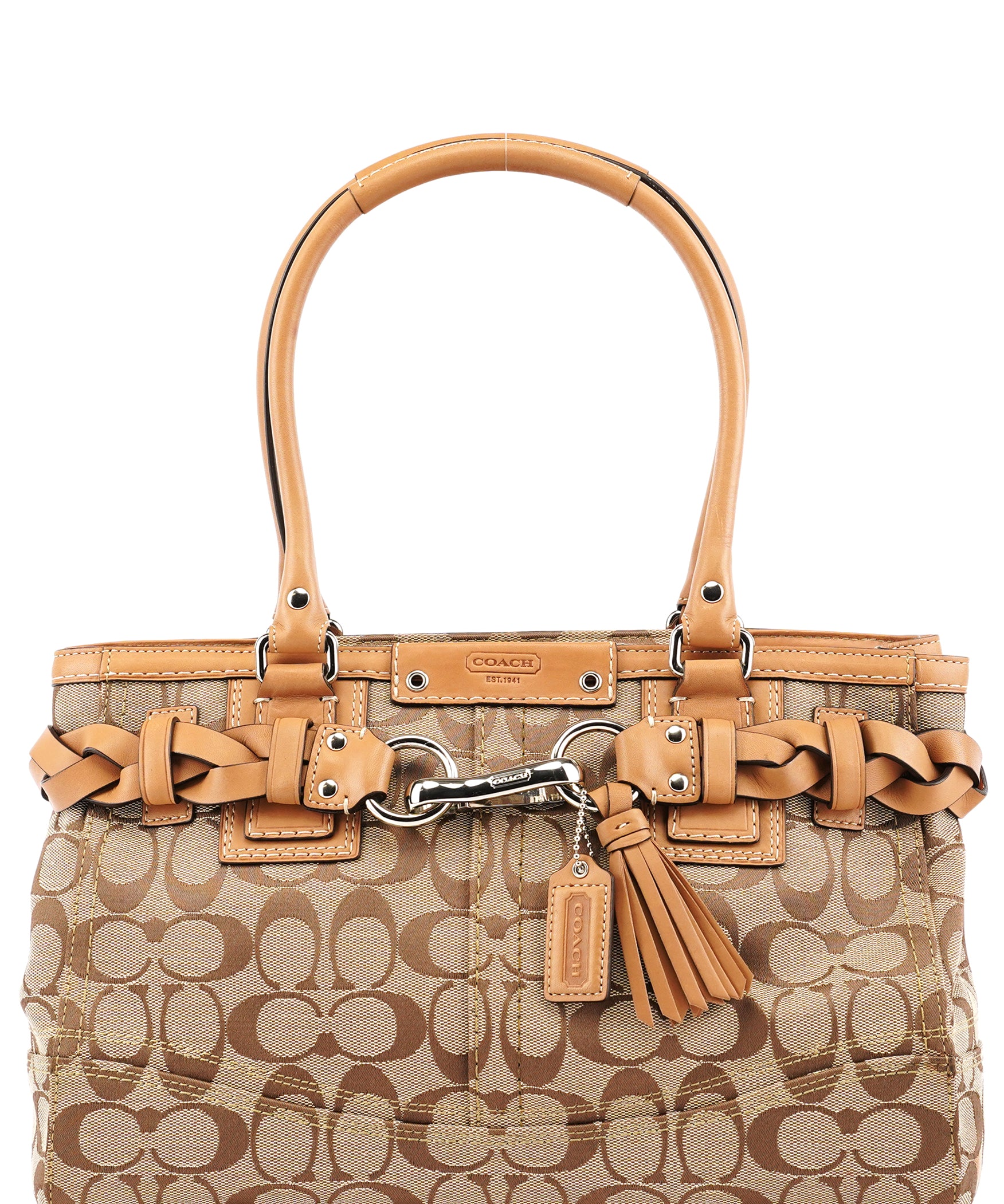 Coach F13065 Beige Brown Signature Hamptons Tote Bag