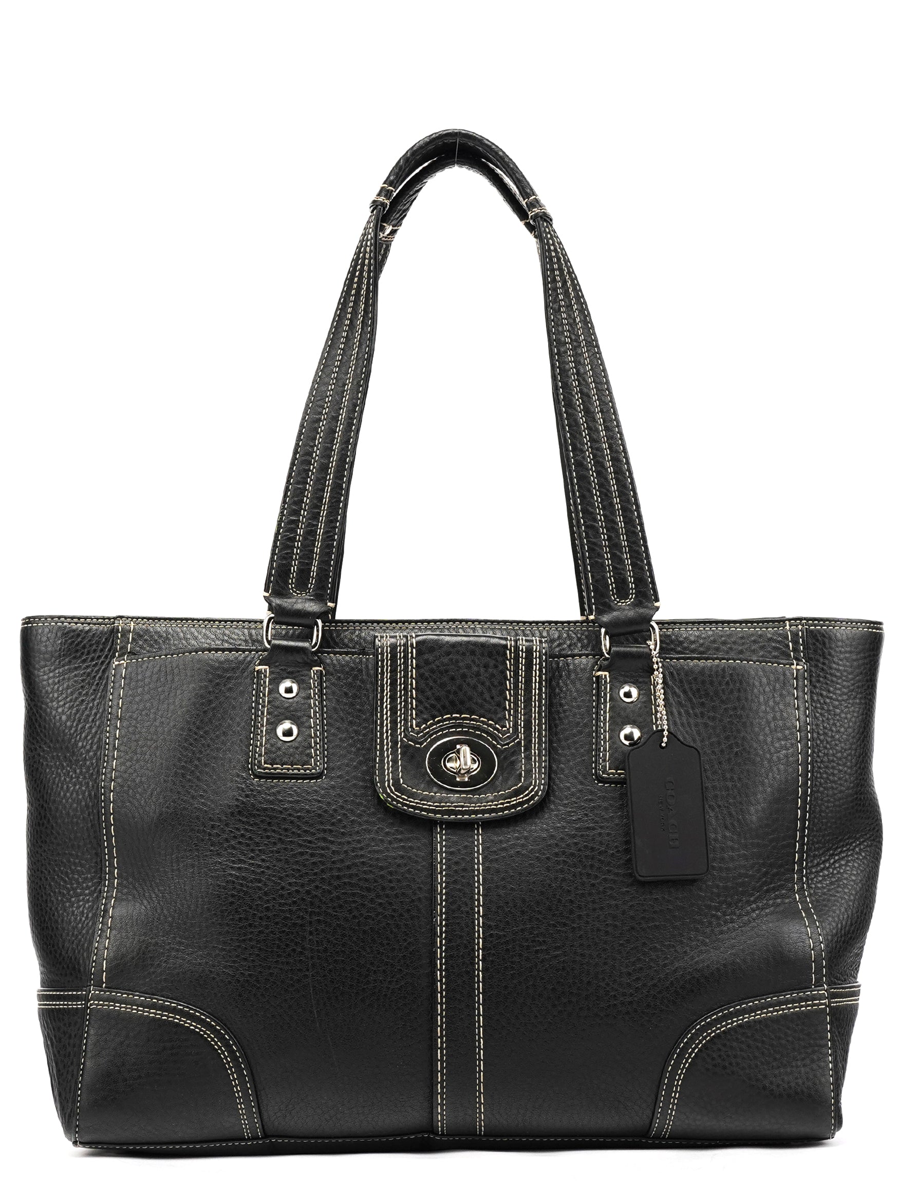 Coach F13960 Black Pebbled Leather Turnlock Tote Bag