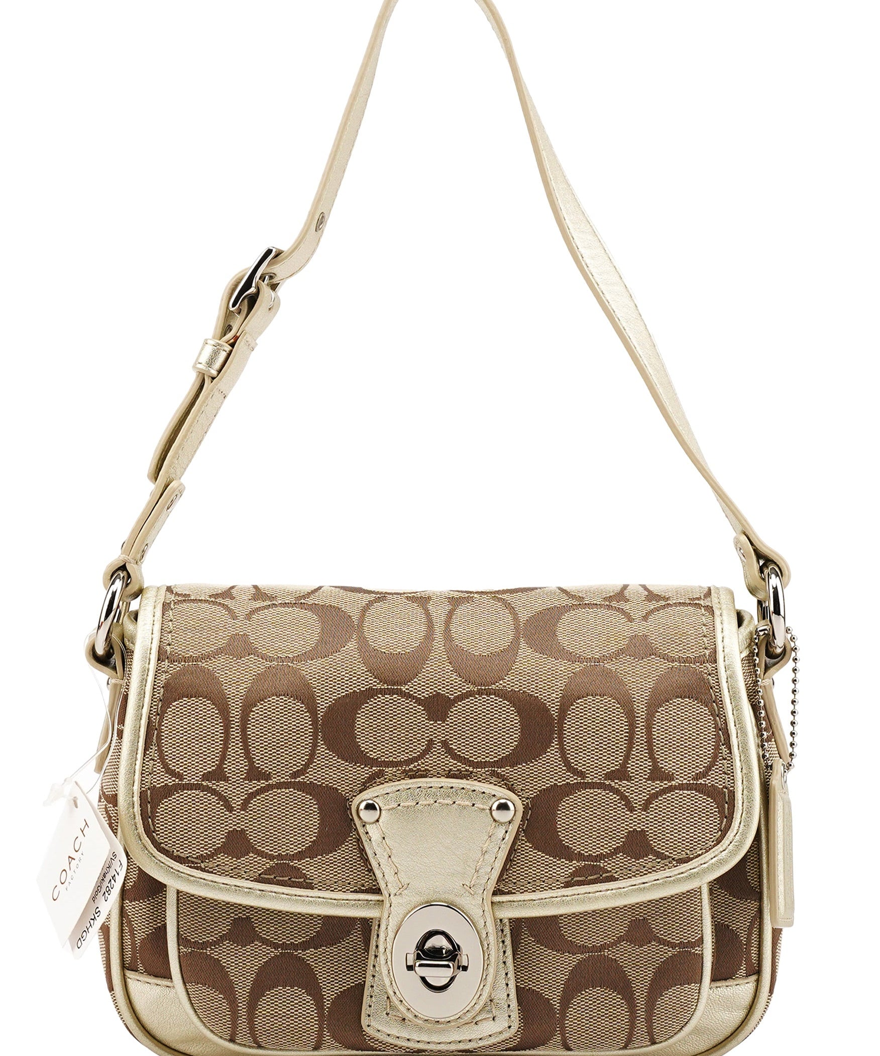 Coach F14282 Beige Gold Signature Turnlock Bag