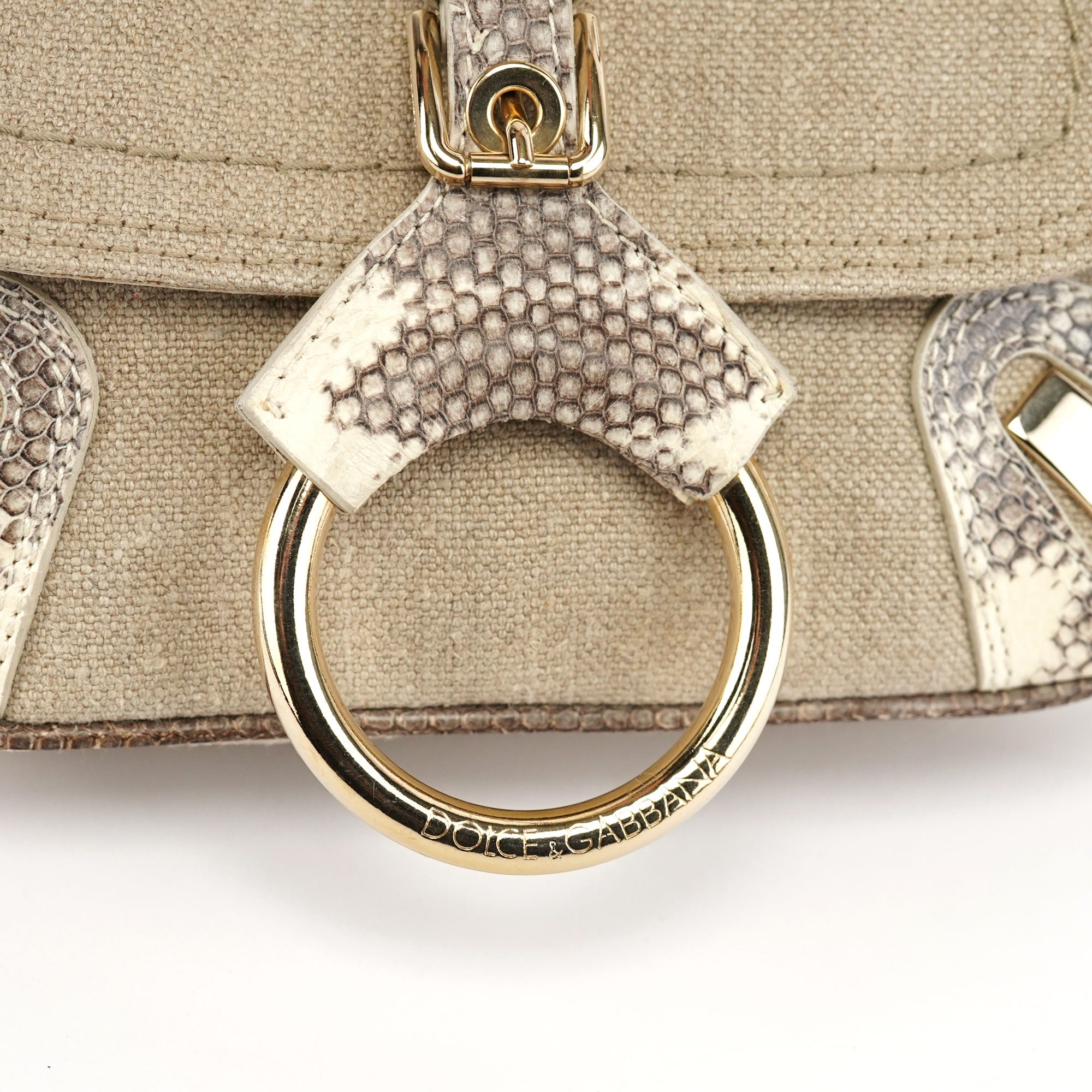 Dolce & Gabbana Beige Canvas Snakeskin Shoulder Bag