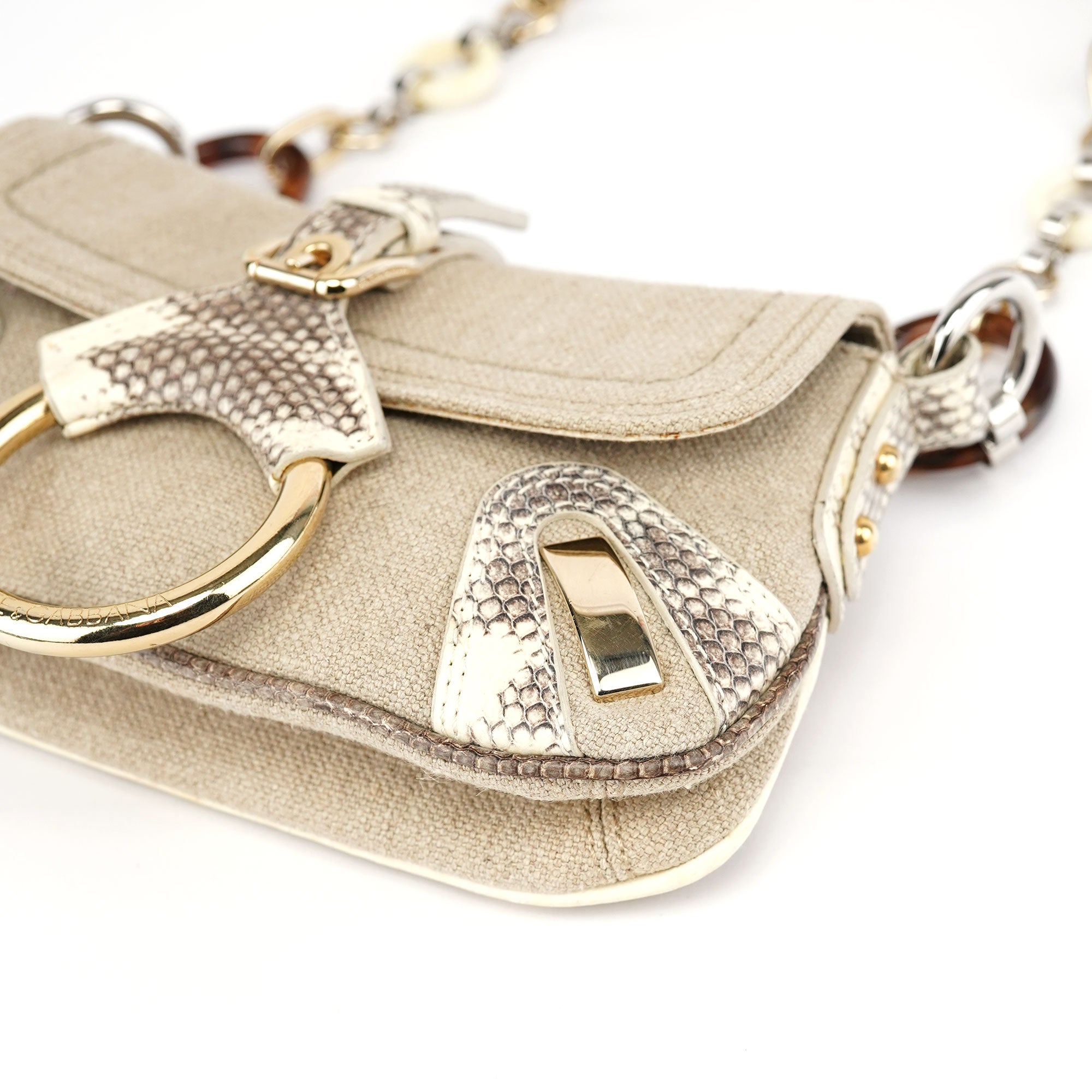 Dolce & Gabbana Beige Canvas Snakeskin Shoulder Bag