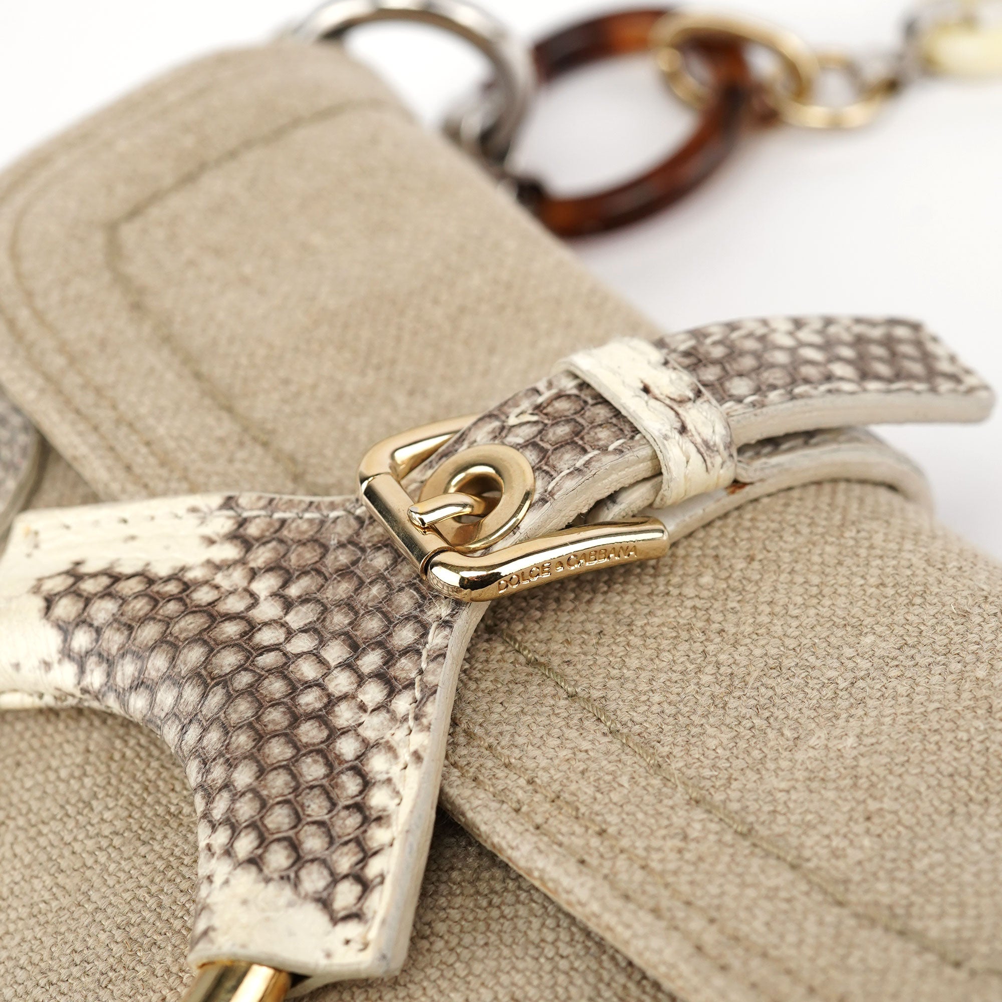 Dolce & Gabbana Beige Canvas Snakeskin Shoulder Bag