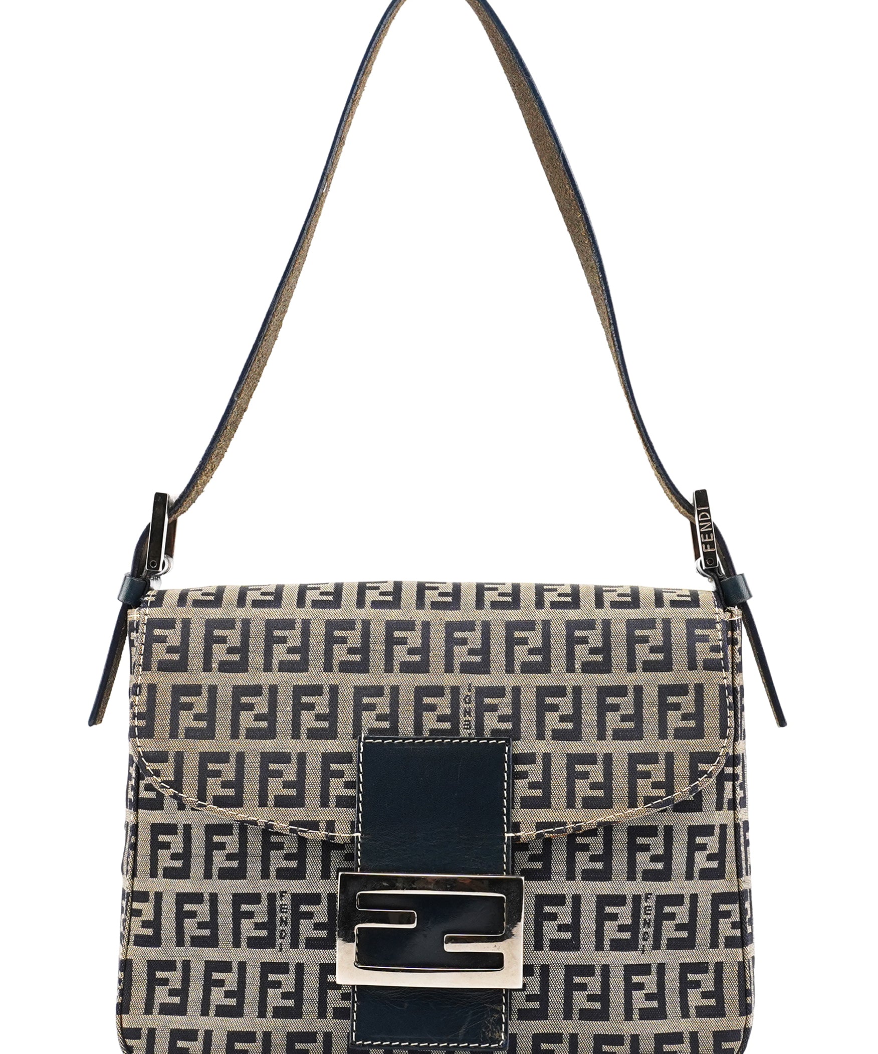 Fendi Beige Navy FF Zucchino Baguette Shoulder Bag
