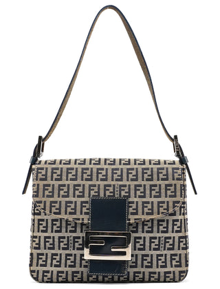 Fendi Beige Navy FF Zucchino Baguette Shoulder Bag