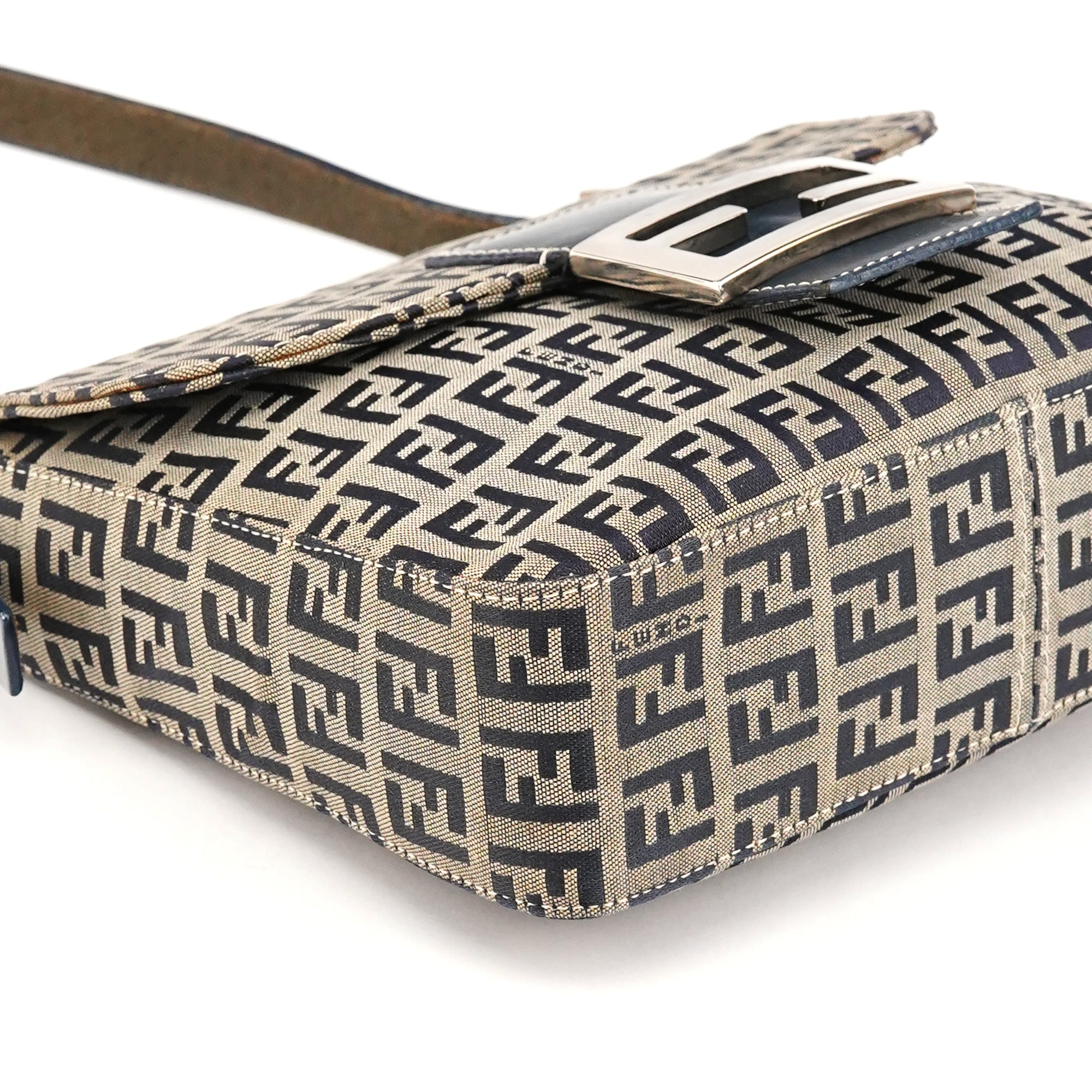 Fendi Beige Navy FF Zucchino Baguette Shoulder Bag