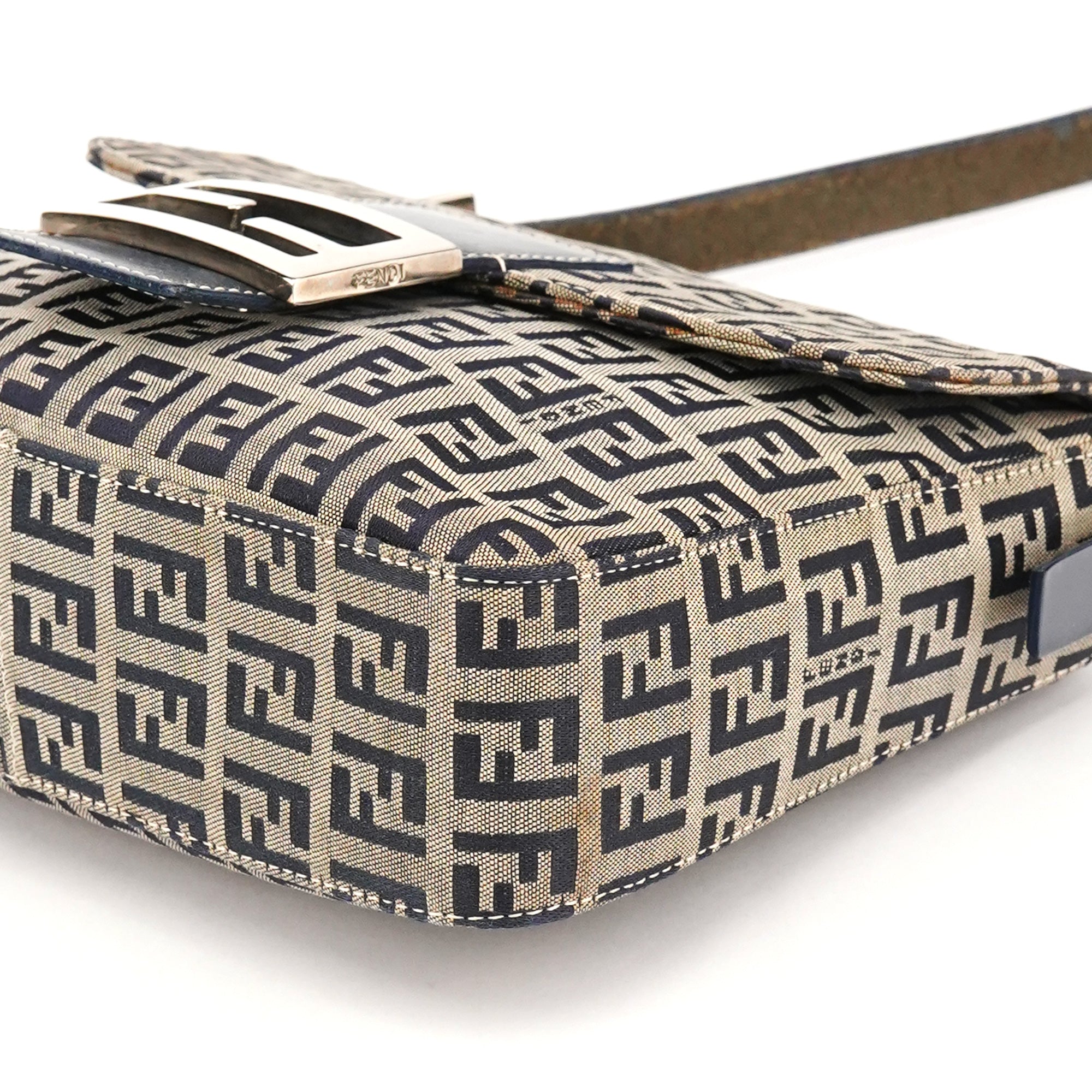 Fendi Beige Navy FF Zucchino Baguette Shoulder Bag