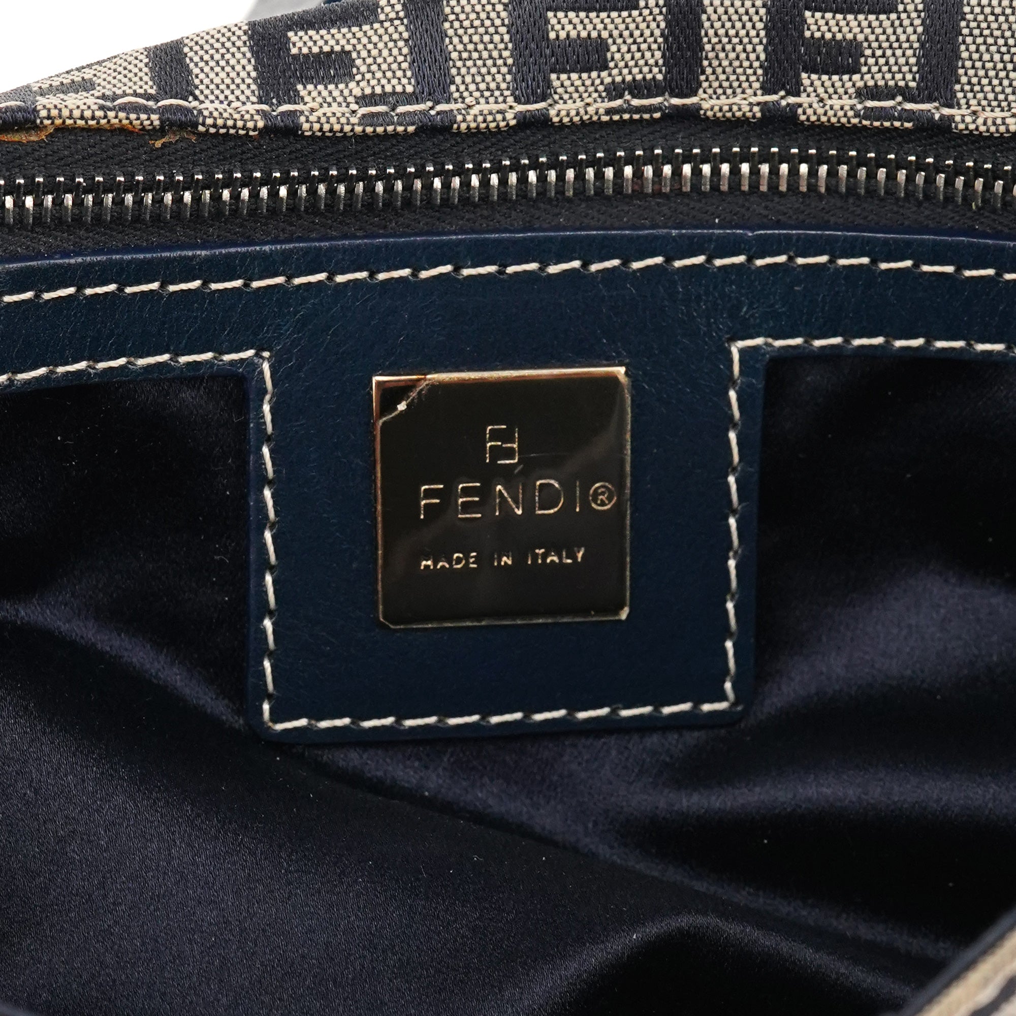 Fendi Beige Navy FF Zucchino Baguette Shoulder Bag