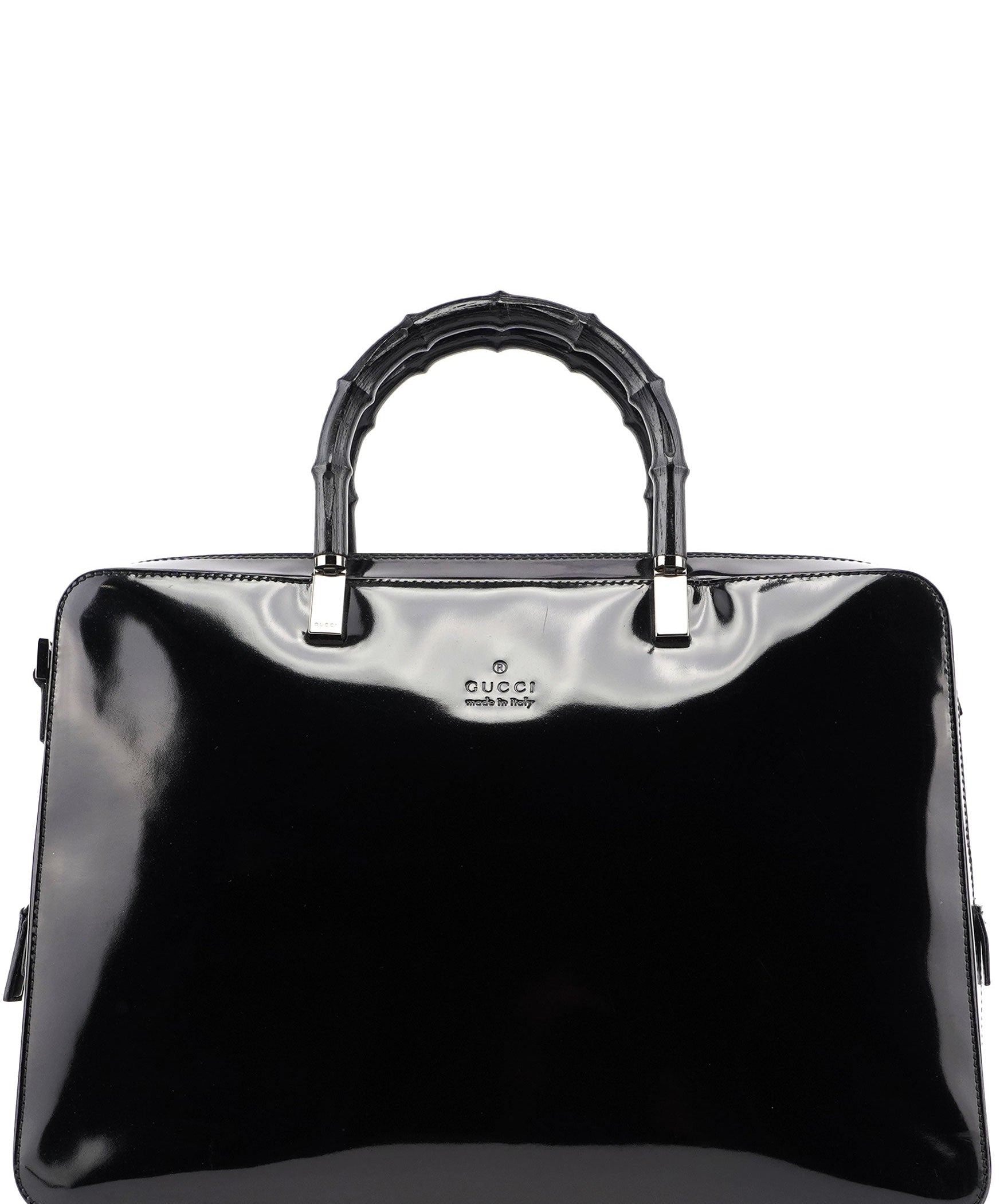 Gucci 000 0829 Black Patent Leather Bamboo Tote
