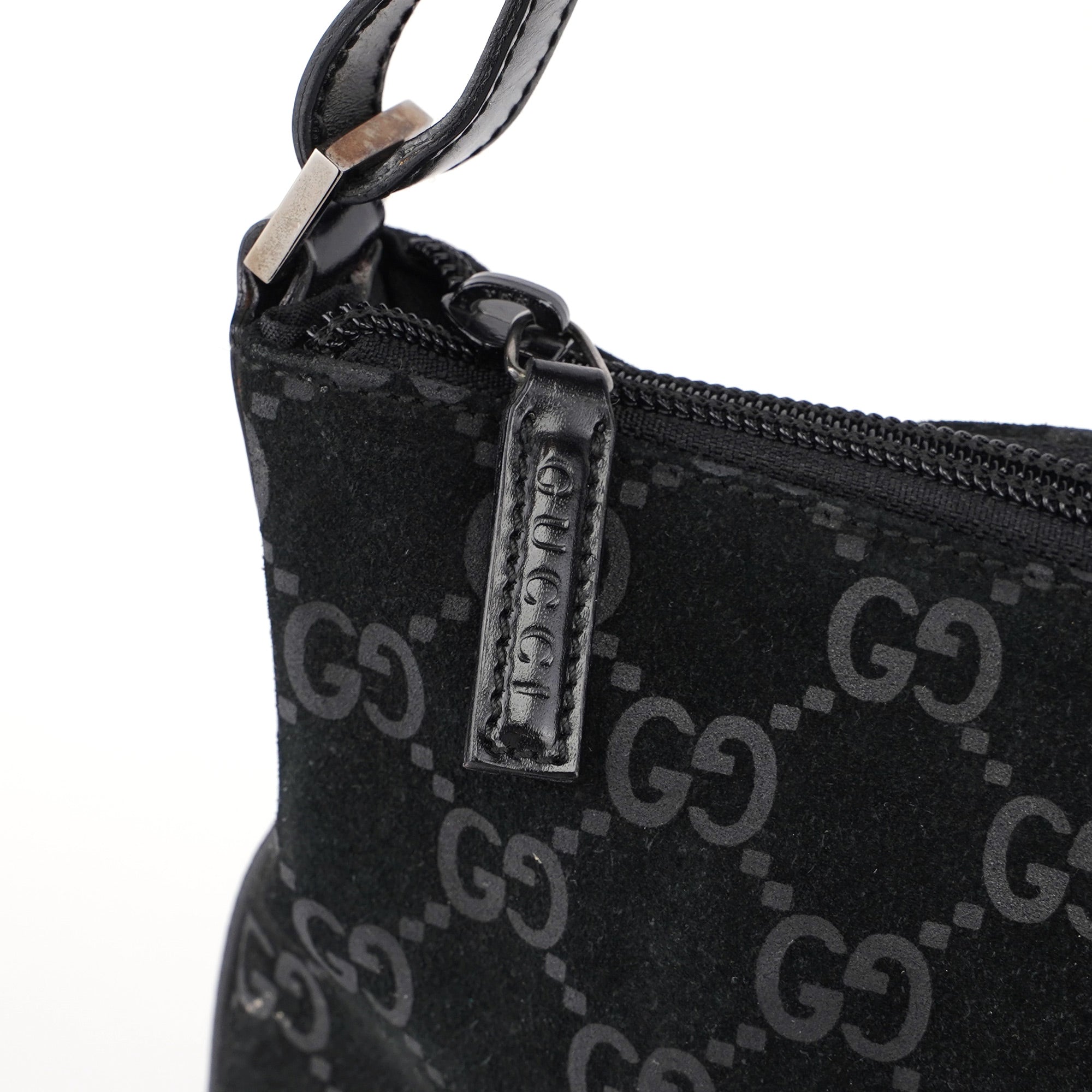 Gucci 001 1206 Black Suede GG Shoulder Bag