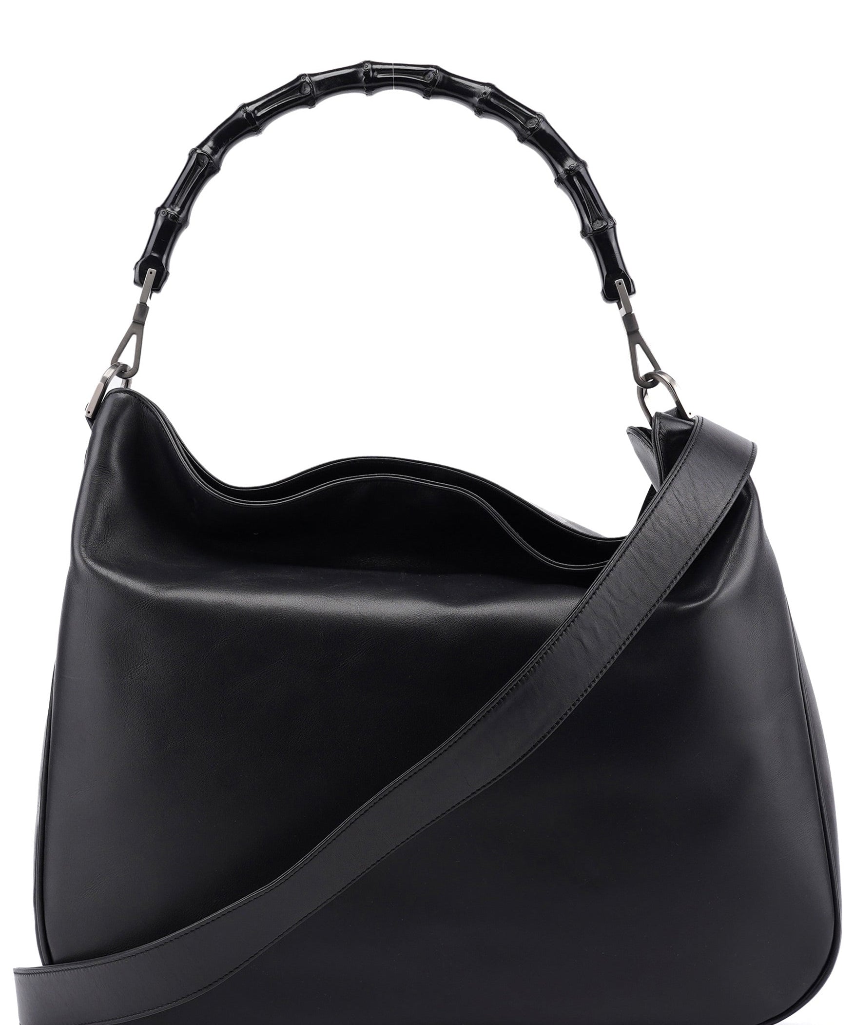 Gucci 001 1577 Black Calfskin Bamboo 2-Way Bag