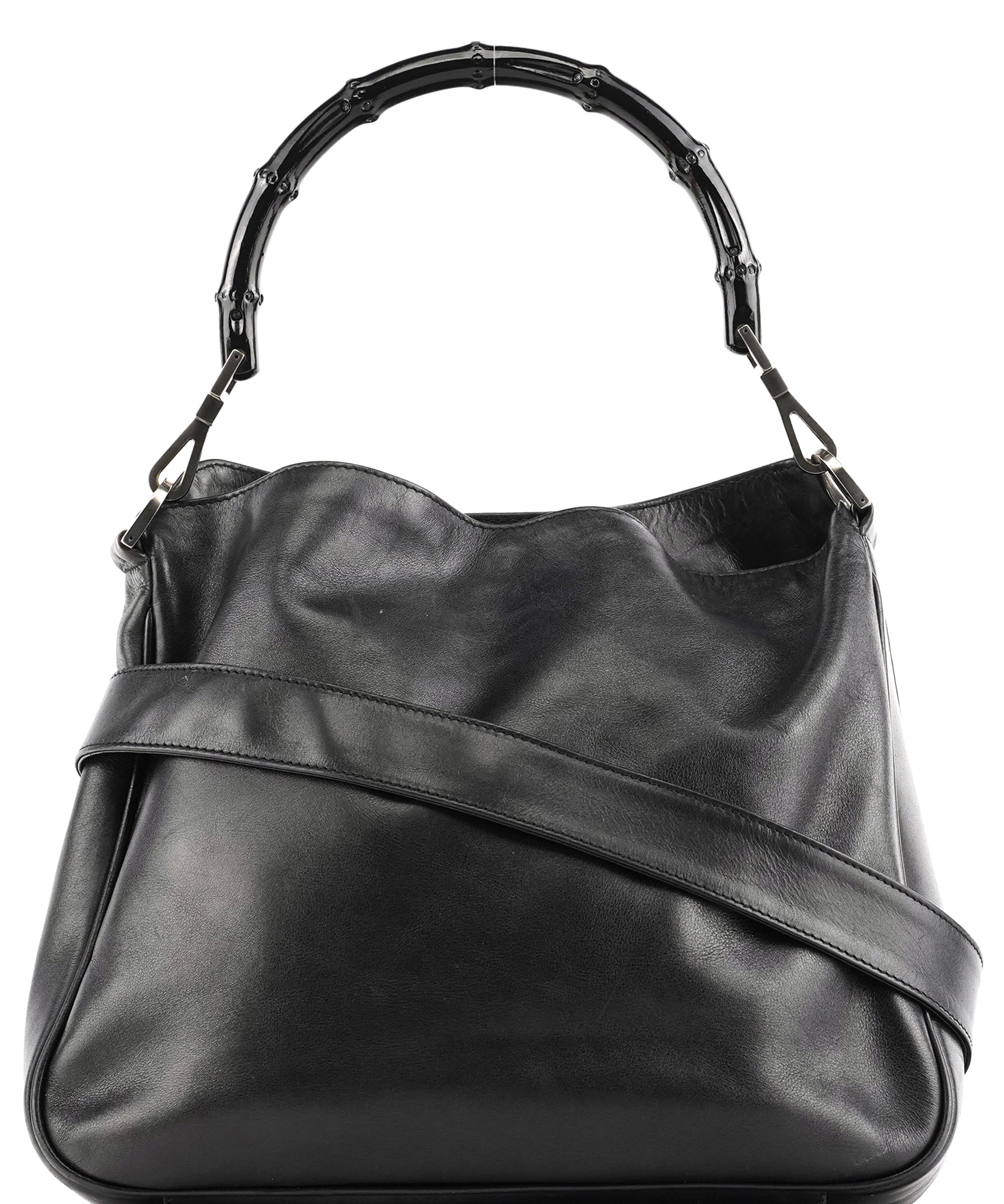 Gucci 001 1638 Black Leather Bamboo 2-Way Bag