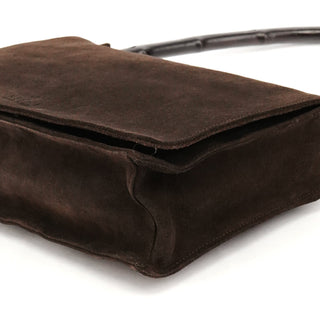 Gucci 001 3239 Brown Suede Bamboo Flap Shoulder Bag