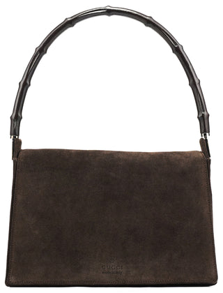Gucci 001 3239 Brown Suede Bamboo Flap Shoulder Bag